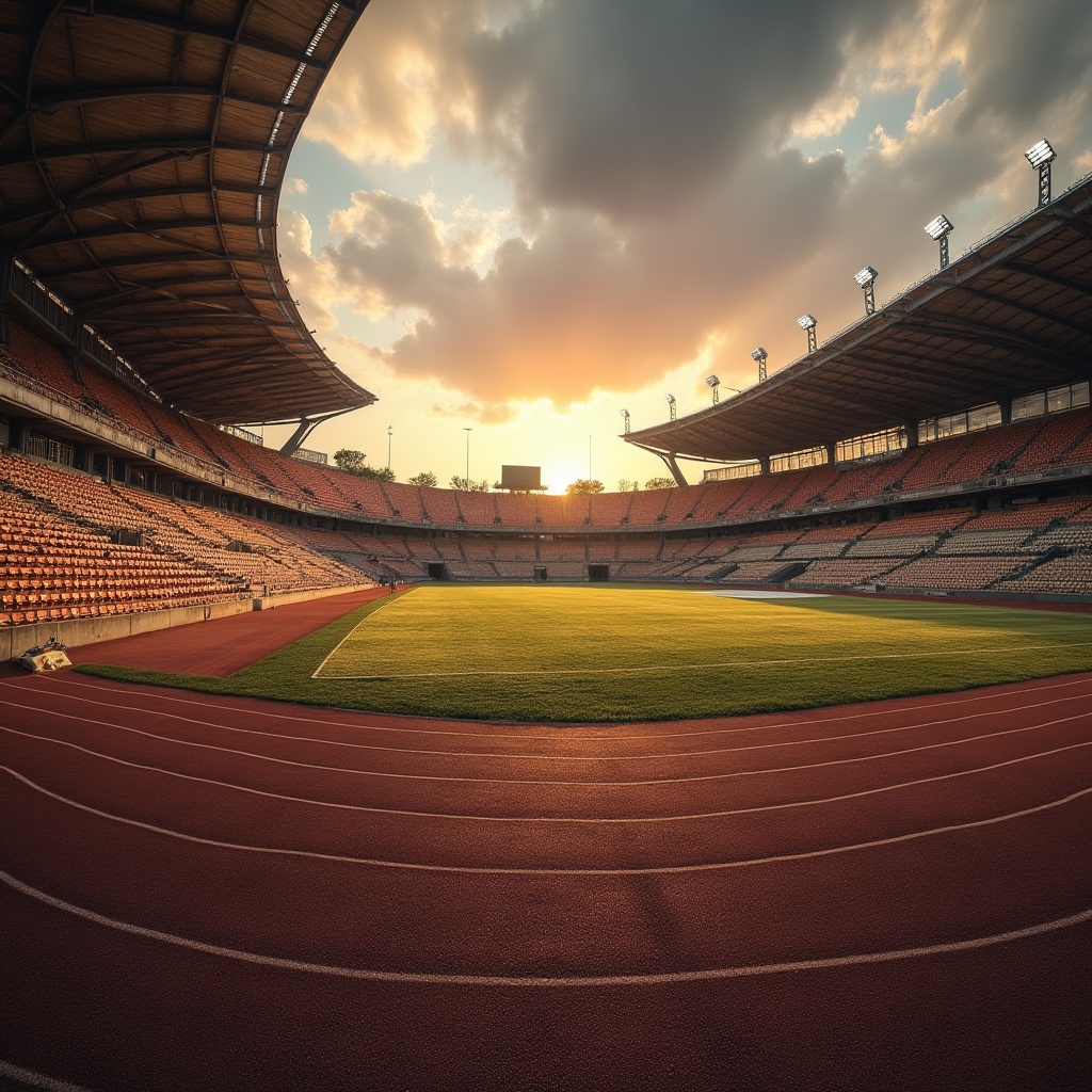 Prompt: Brown stadium, grandstand seating, athletic track, brown concrete walls, rusty metal beams, wooden bleachers, earthy toned flooring, natural stone façade, warm ambient lighting, sunset atmosphere, dramatic cloud formations, 3/4 composition, low-angle shot, realistic texture, depth of field, high dynamic range, cinematic mood.