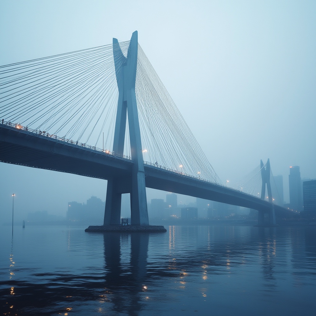 Prompt: Periwinkle-colored, modern, sleek, suspension bridge, urban landscape, cityscape, river crossing, steel cables, geometric shapes, abstract composition, low-angle shot, dramatic lighting, misty atmosphere, morning fog, subtle reflections on the water surface, vibrant periwinkle hue contrasting with surrounding greys and browns, detailed texture of the bridge's metal components, soft focus on the background buildings, cinematic mood, 3/4 composition.