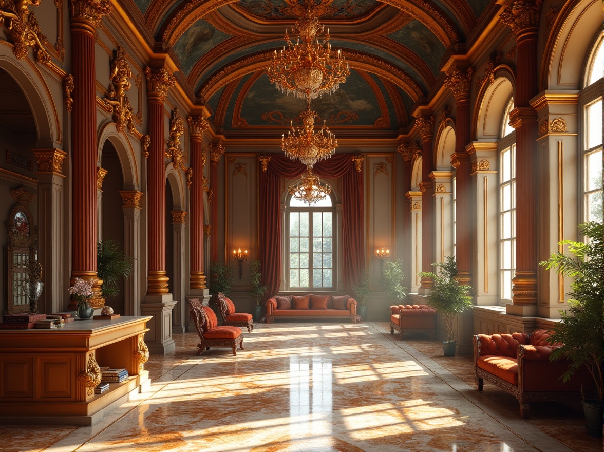 Prompt: Renaissance style interior, luxurious villa, grand hall, high ceiling, ornate chandelier, marble floor, intricate wood carvings, velvet drapes, golden accents, lavish furnishings, rich tapestries, classical sculptures, large windows, soft natural light, warm color palette, 3/4 composition, low-angle shot, dramatic shadows, cinematic lighting.