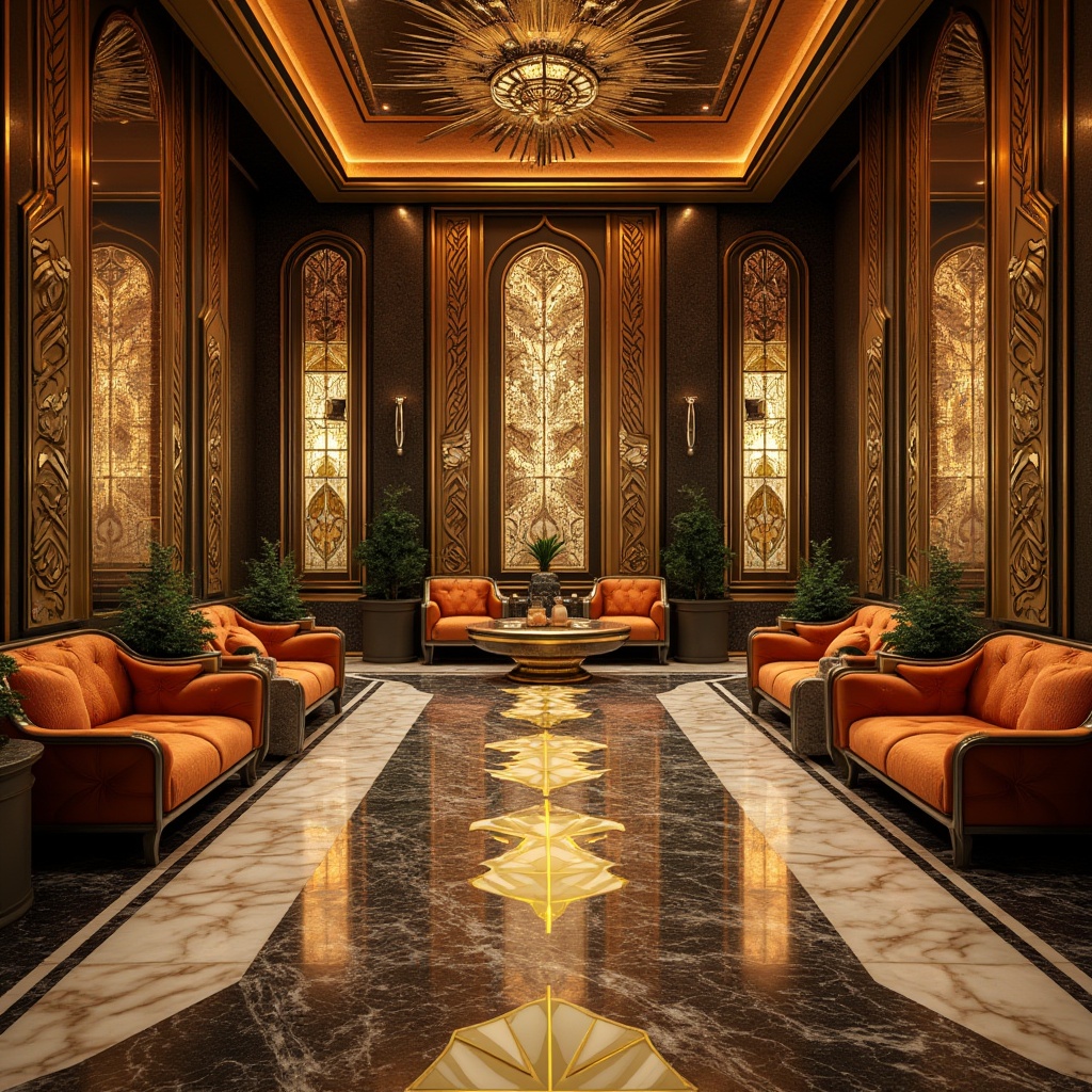 Prompt: Art Deco style, luxurious atmosphere, metallic accents, bold geometric patterns, vibrant colors, opulent textures, ornate details, 1920s inspired, glamorous, sophisticated, lavish decorations, luxurious fabrics, intricate mosaics, sunburst motifs, chevron patterns, zigzag lines, bold typography, metallic materials, chrome, bronze, copper, marble, velvet, silk, luxurious furniture, lavish architecture, opulent interior design, grandiose skyscraper, majestic villa, warm lighting, soft shadows, cinematic composition.