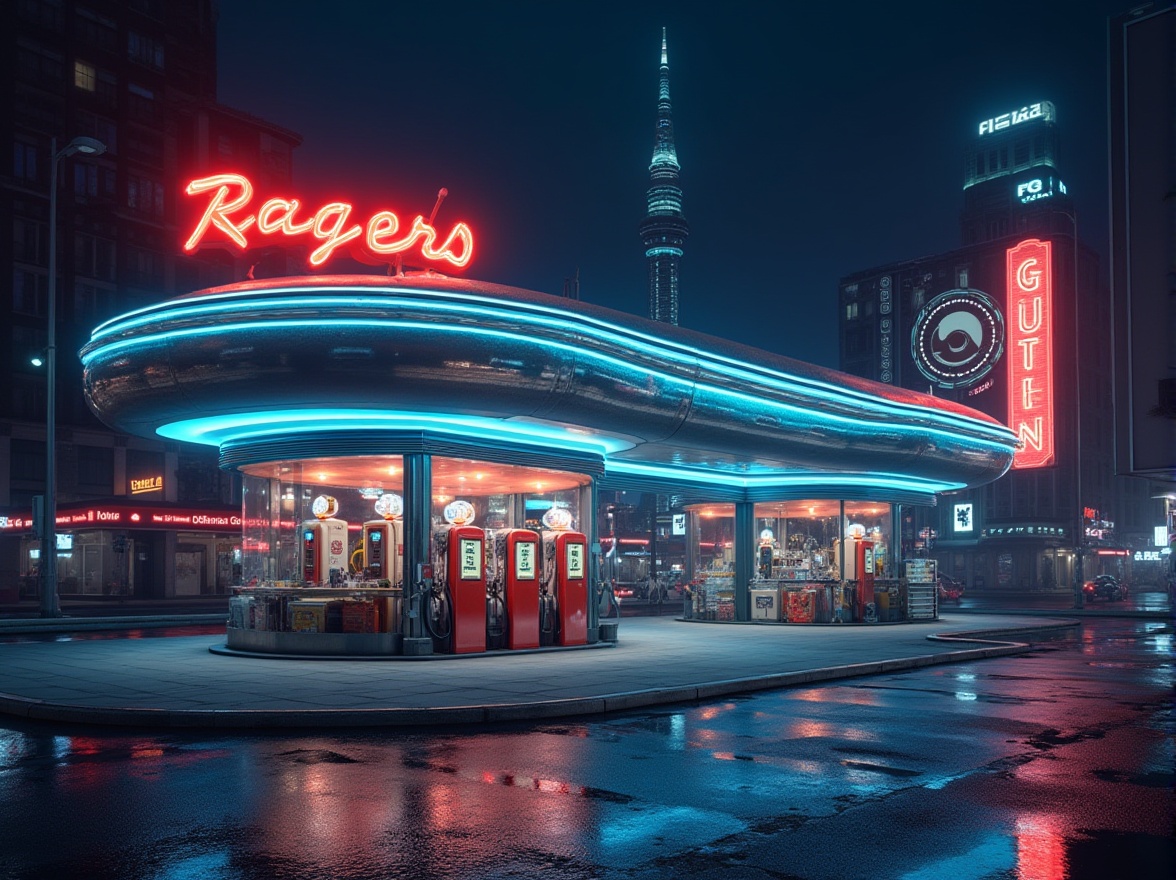 Prompt: Retro-futuristic gas station, streamline moderne style, curved lines, metallic materials, neon lights, glowing signage, retro sci-fi aesthetic, futuristic pumps, sleek and shiny surface, reflective chrome accents, bold typography, circular motifs, geometric shapes, cityscape background, metropolitan atmosphere, night scene, vibrant colors, cinematic lighting, dramatic shadows, low-angle composition, symmetrical framing.