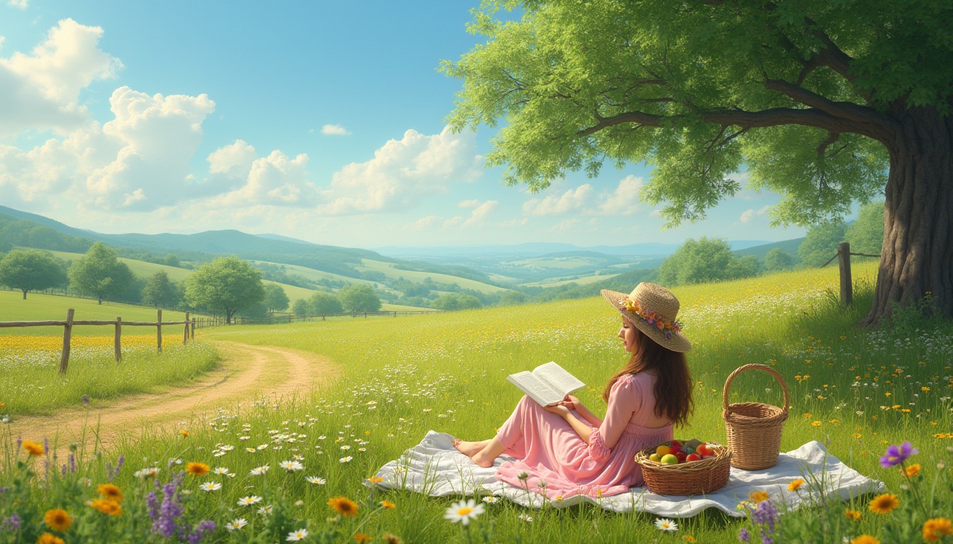 Prompt: Meadow scenery, warm sunny day, green grass, wildflowers blooming in vibrant colors, daisies, sunflowers, lavender, gentle breeze, soft rustling sound of leaves, a few fluffy white clouds, blue sky, rolling hills, a winding dirt path, wooden fence, old oak tree, picnic blanket, wicker basket, fresh fruits, flowers in hair, flowy sundress, straw hat, relaxed posture, lying down, reading book, peaceful atmosphere, soft focus, cinematic composition, warm lighting.