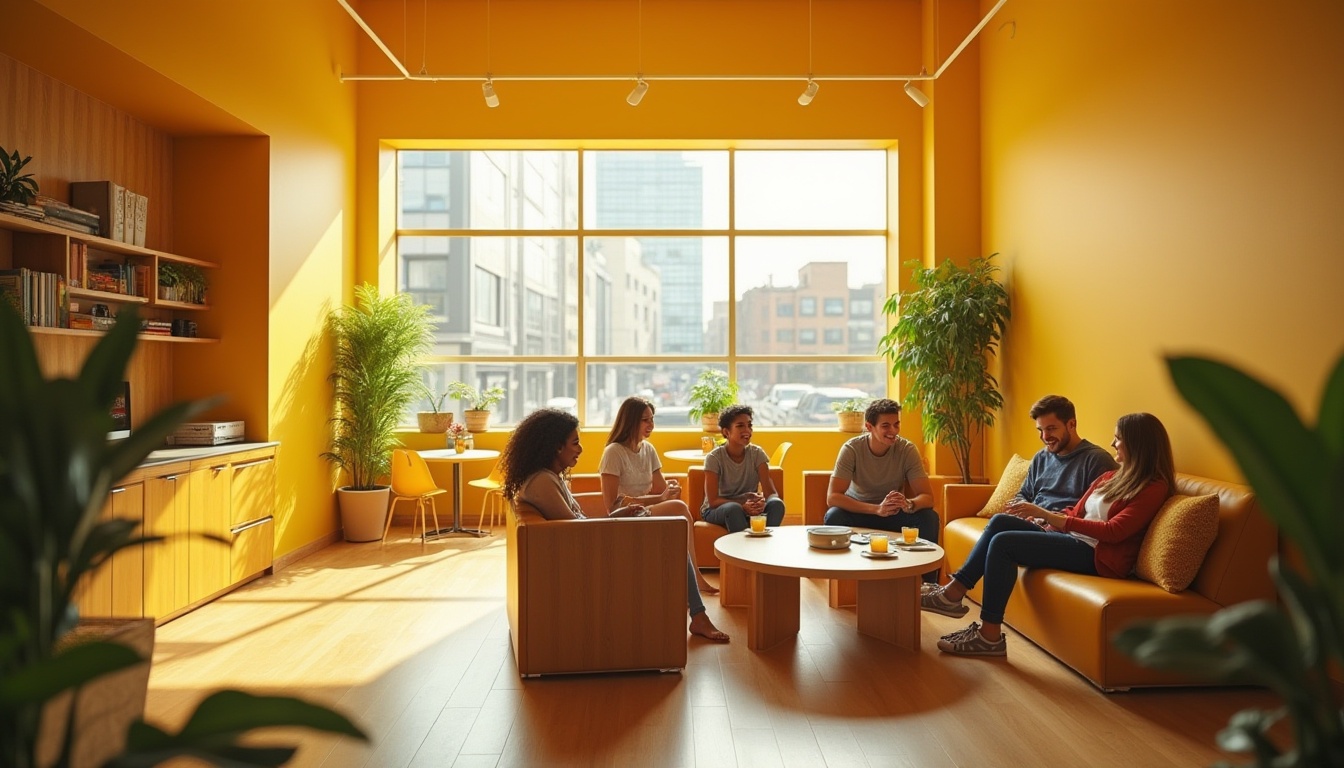 Prompt: Vibrant yellow walls, modern youth center interior, energetic atmosphere, playful teenagers laughing, gathering around a circular seating area, warm soft lighting, wooden accents, minimalist furniture, green plants scattered throughout, large windows with natural light pouring in, urban cityscape outside, sunny afternoon, shallow depth of field, bright color blocking, 3/4 composition.