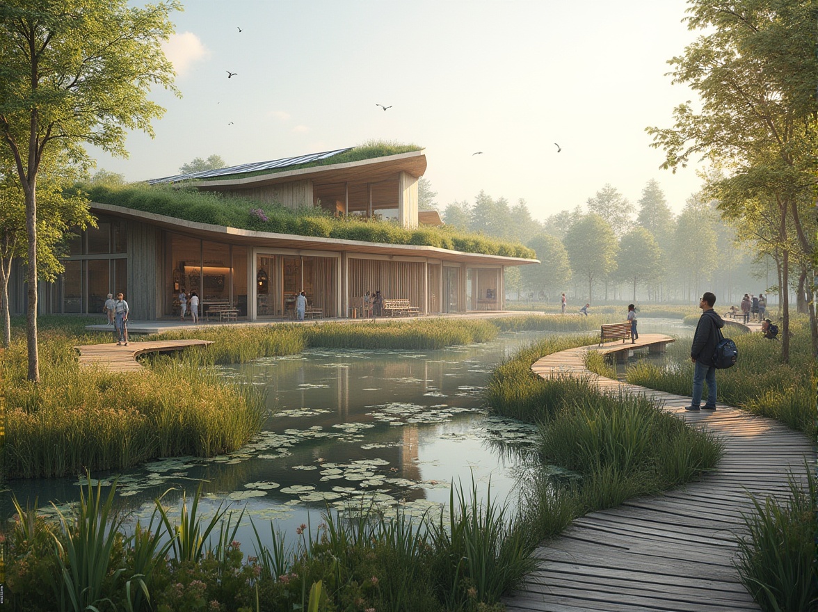 Prompt: Wetland-inspired youth center, modern architecture, green roof, solar panels, wooden bridges, shallow pools, water lilies, reeds, cattails, educational signs, interactive exhibits, naturalistic playground, rope climbing walls, wooden benches, birdhouses, bird-watching binoculars, scenic lookout points, winding walking paths, soft morning light, gentle mist, warm colors, cozy atmosphere, panoramic view, 3/4 composition.