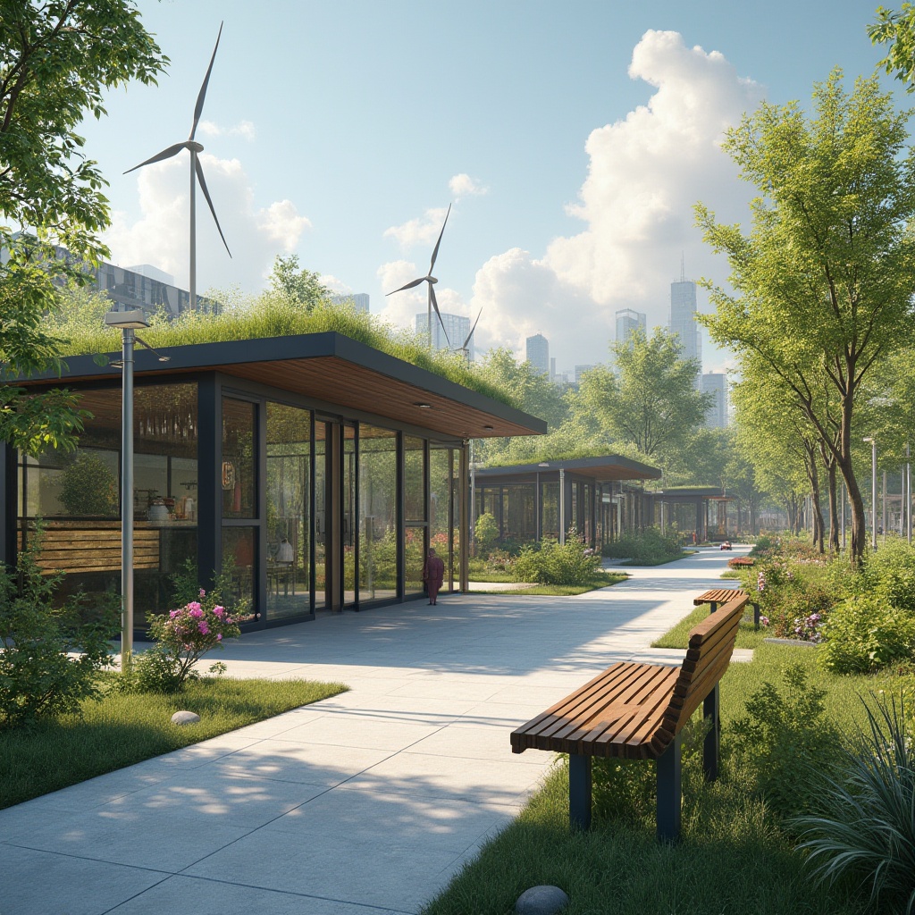 Prompt: Modern community, sustainable bus station, eco-friendly architecture, green roofs, solar panels, wind turbines, natural light, wooden benches, real plants, recycling bins, public art installations, cityscape, urban planning, morning sunlight, soft shadows, shallow depth of field, vibrant colors, geometric shapes, futuristic design.