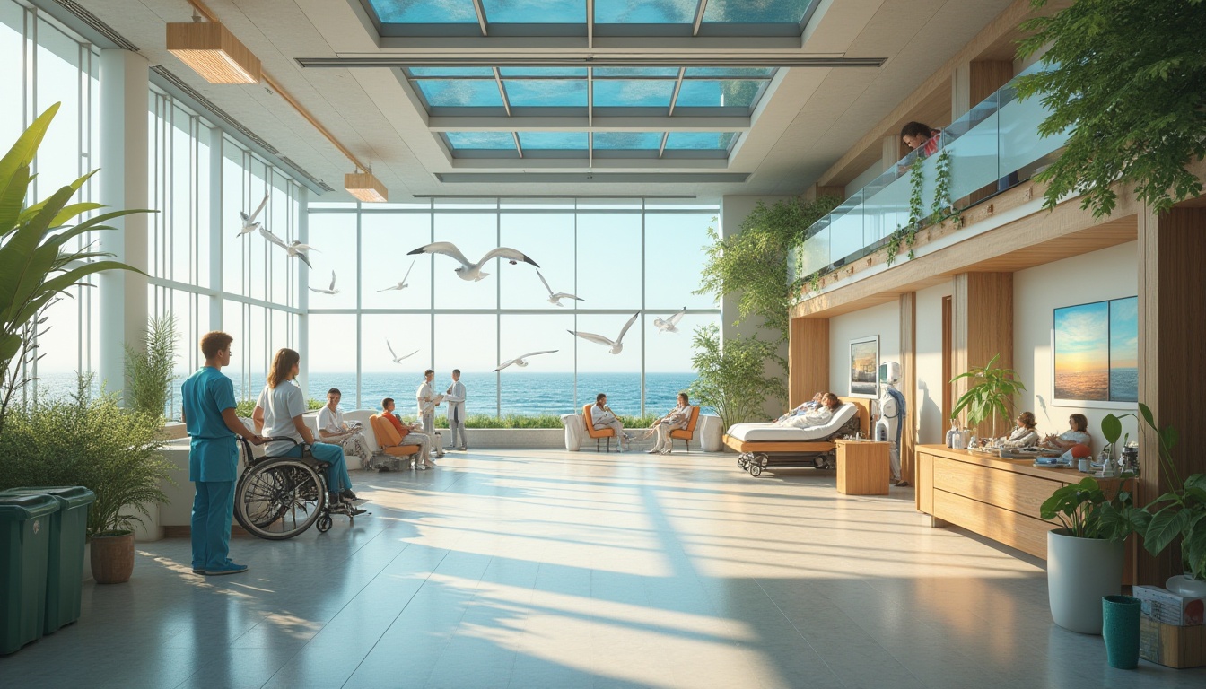 Prompt: Coastal hospital, modern architecture, large windows, solar panels, green roof, recycled materials, wooden accents, ocean view, seagulls flying overhead, gentle sea breeze, soft natural lighting, 3/4 composition, warm color palette, eco-friendly furniture, minimal waste, recycling bins, medical staff in scrubs, stethoscope around neck, patients in wheelchairs, beach-inspired artwork, calming atmosphere, soothing colors.