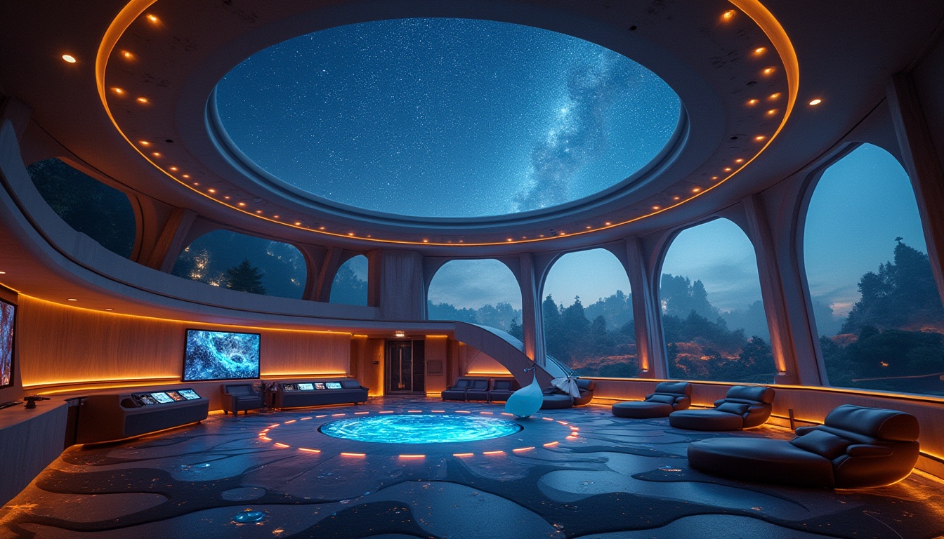 Prompt: Futuristic planetarium, fusion architecture, inviting spaces, interior design, dome-shaped ceiling, starry night sky projection, soft glowing ambiance, comfortable seating areas, reclined chairs, wooden accents, ambient lighting, futuristic control panels, holographic displays, spherical screens, 3D astronomical projections, astronomical instruments, telescope, observatory, galaxy patterns on carpet, celestial bodies decorations, calming atmosphere, evening time, warm color palette, cinematic composition, HDR.