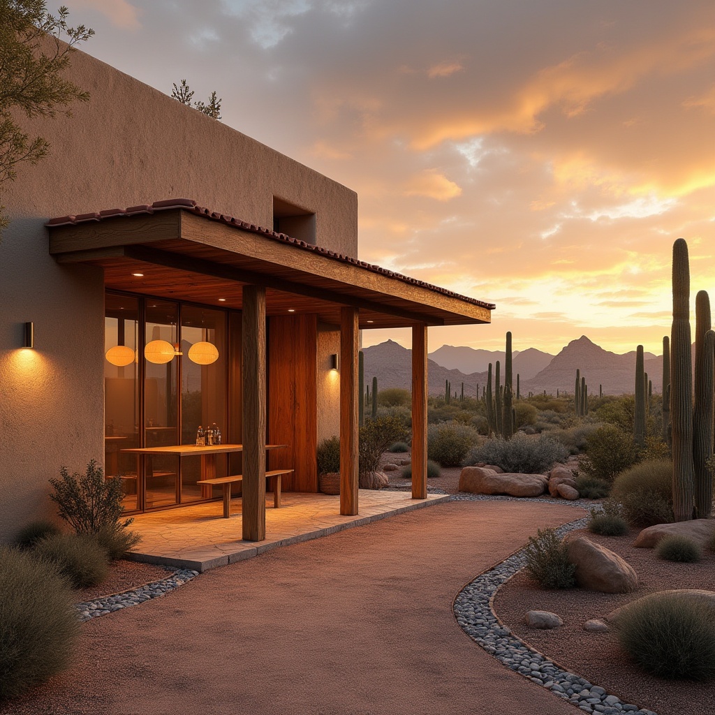 Prompt: Canyon clinic, modern vernacular architecture, adobe style, earthy tone, wooden accents, stucco walls, terracotta roof tiles, large windows, natural light, warm interior ambiance, desert landscape, cacti, rocky formations, distant canyon views, dramatic sunset, soft golden lighting, 3/4 composition, shallow depth of field, rustic, natural, serene.