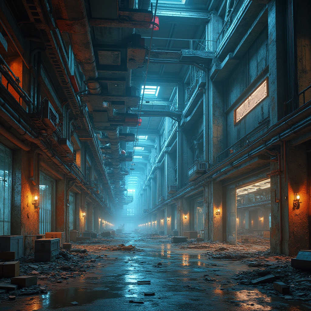 Prompt: Abandoned distribution center, postmodern architecture, complex structures, abstract shapes, vibrant colors, neon lights, industrial materials, metallic texture, rusty pipes, concrete walls, broken windows, shattered glass, scattered boxes, dimly lit interior, high ceiling, futuristic atmosphere, 3/4 composition, panoramic view, dramatic lighting, mysterious mood, cinematic feel, cyberpunk elements.