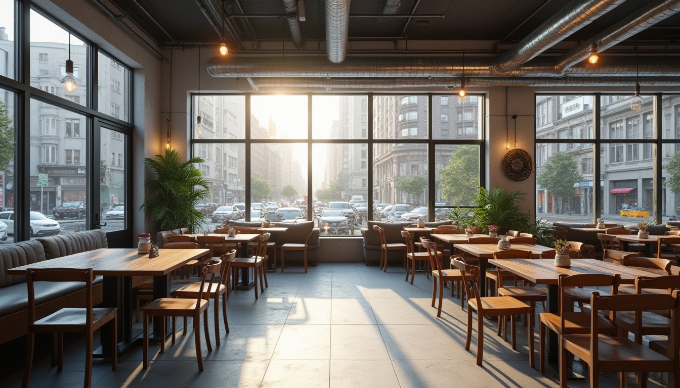 Prompt: Urban coffee shop, light gray color palette, modern industrial decor, metal tables, wooden chairs, concrete floor, exposed pipes, minimalist chandelier, soft ambient lighting, cozy atmosphere, cityscape outside large windows, skyscrapers, busy streets, morning sunlight, 3/4 composition, warm tone, natural texture, realistic rendering.