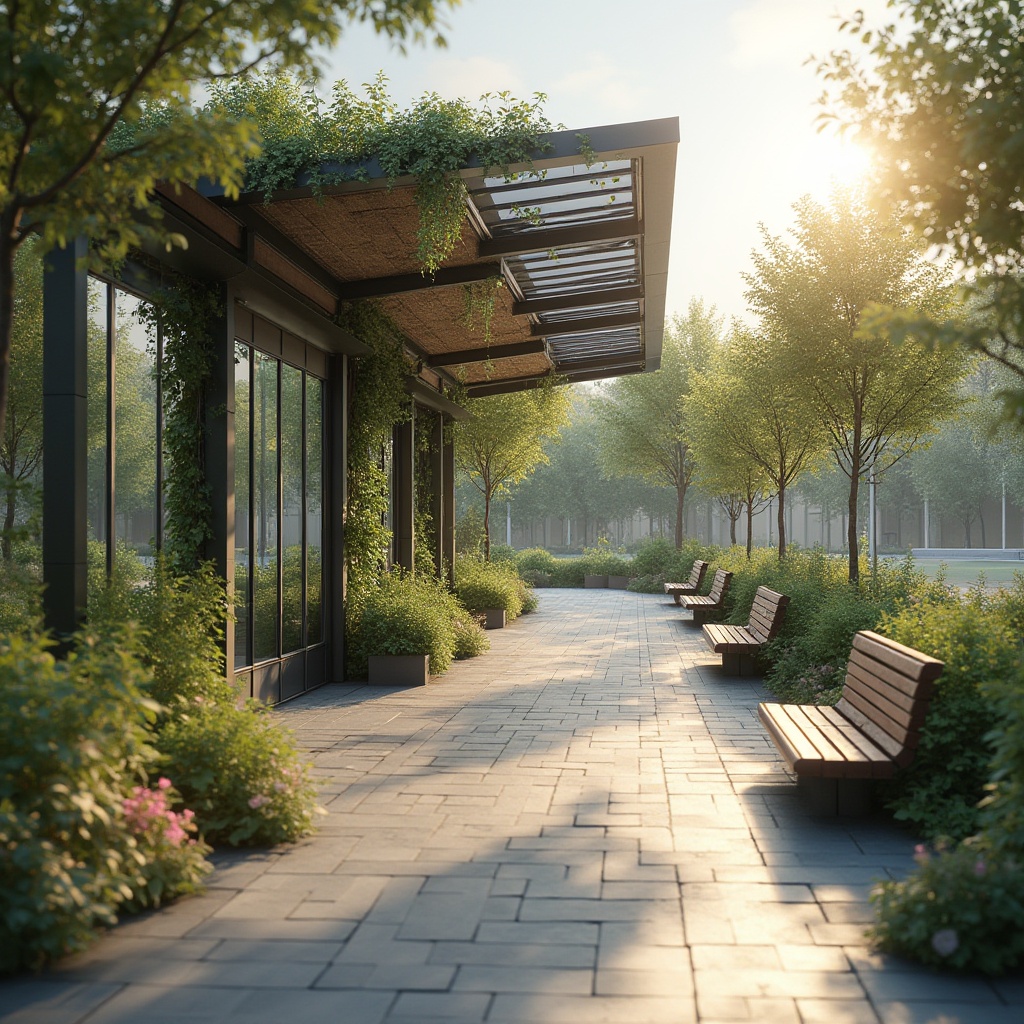 Prompt: Sustainable bus station, modern architecture, green roof, solar panels, recycled metal beams, wooden benches, living walls, plants, natural light, open spaces, minimalist design, eco-friendly materials, energy-efficient lighting, urban landscape, cityscape, morning sunlight, shallow depth of field, realistic rendering, warm ambient lighting.