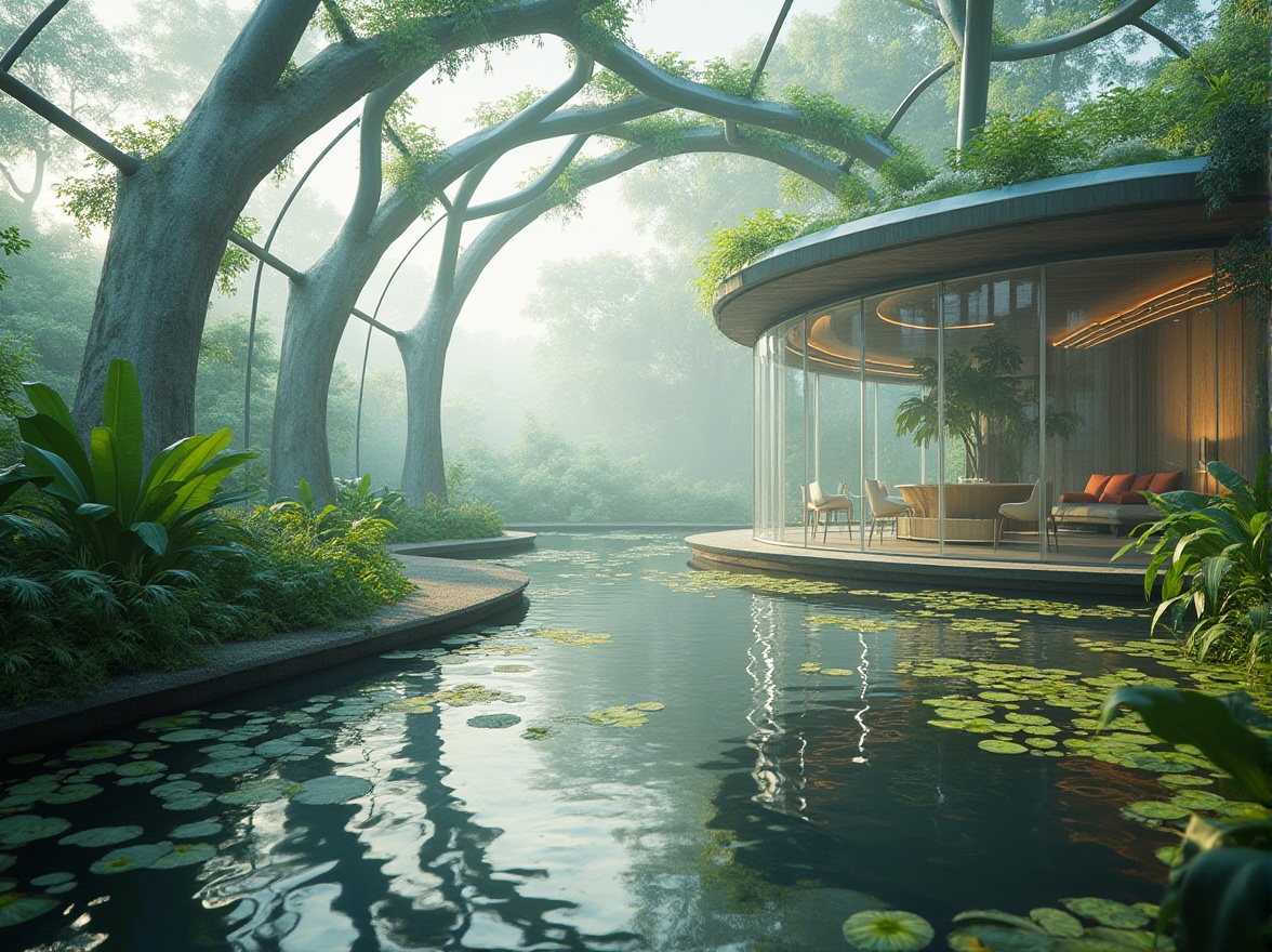 Prompt: Wetland scenery, polycarbonate architecture, futuristic, modern, sustainable, eco-friendly, green roof, water reflection, misty atmosphere, morning dew, vibrant aquatic plants, twisted metal framework, transparent walls, curved lines, minimalist interior, sleek furniture, ambient lighting, shallow depth of field, soft focus, cinematic composition.