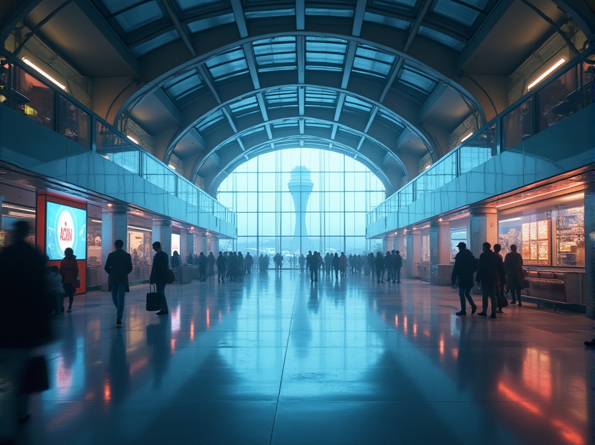 Prompt: Futuristic airport, sleek metallic structure, neon lights, holographic advertisements, transparent glass walls, modern minimalist interior, automatic sliding doors, advanced security systems, LED floor lights, retro-futuristic vibe, 3/4 composition, low-angle shot, cinematic lighting, foggy atmosphere, busy travelers in the background, blurred motion, distant control tower, commercial airliners, private jets, luggage carts, sleek escalators, modern art installations, abstract sculptures, polished marble floors.