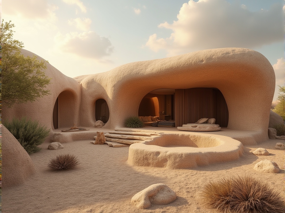 Prompt: Earth architecture, sustainable building, rammed earth material, natural texture, organic shape, curved wall, earthy color palette, rustic interior, modern twist, eco-friendly, environmental concern, desert landscape, adobe style, villa, residential, warm lighting, soft focus, shallow depth of field.