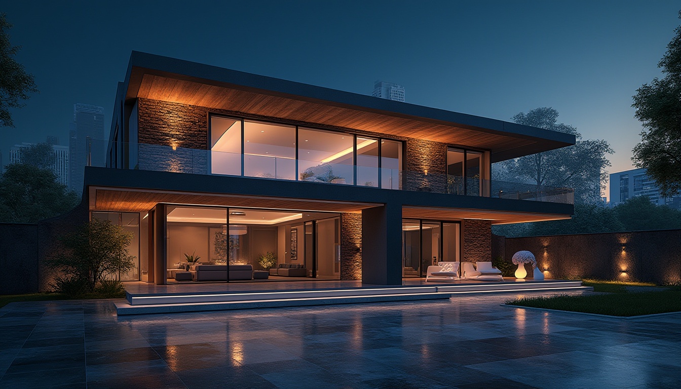 Prompt: High-tech futuristic house, incorporating brick material, modern architecture, sleek lines, metallic accents, LED lighting, glass walls, minimalist interior, high ceiling, industrial chic, urban setting, cityscape background, night scene, dramatic spotlighting, 3/4 composition, low-angle shot, cinematic mood, detailed textures, realistic reflections.