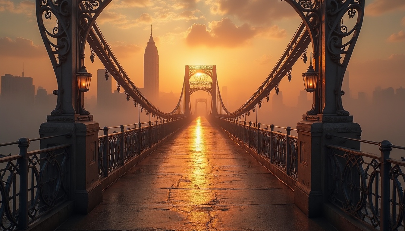 Prompt: Art Deco bridge, luxurious, elegant, ornate iron railing, curved lines, geometric patterns, metallic sheen, cityscape, sunset, golden hour, warm lighting, atmospheric perspective, misty fog, majestic arches, suspended roadway, urban landscape, steel beams, rivets, industrial texture, modernist architecture, 1930s vibe, vintage flair, cinematic composition, low-angle shot, dramatic shadows.