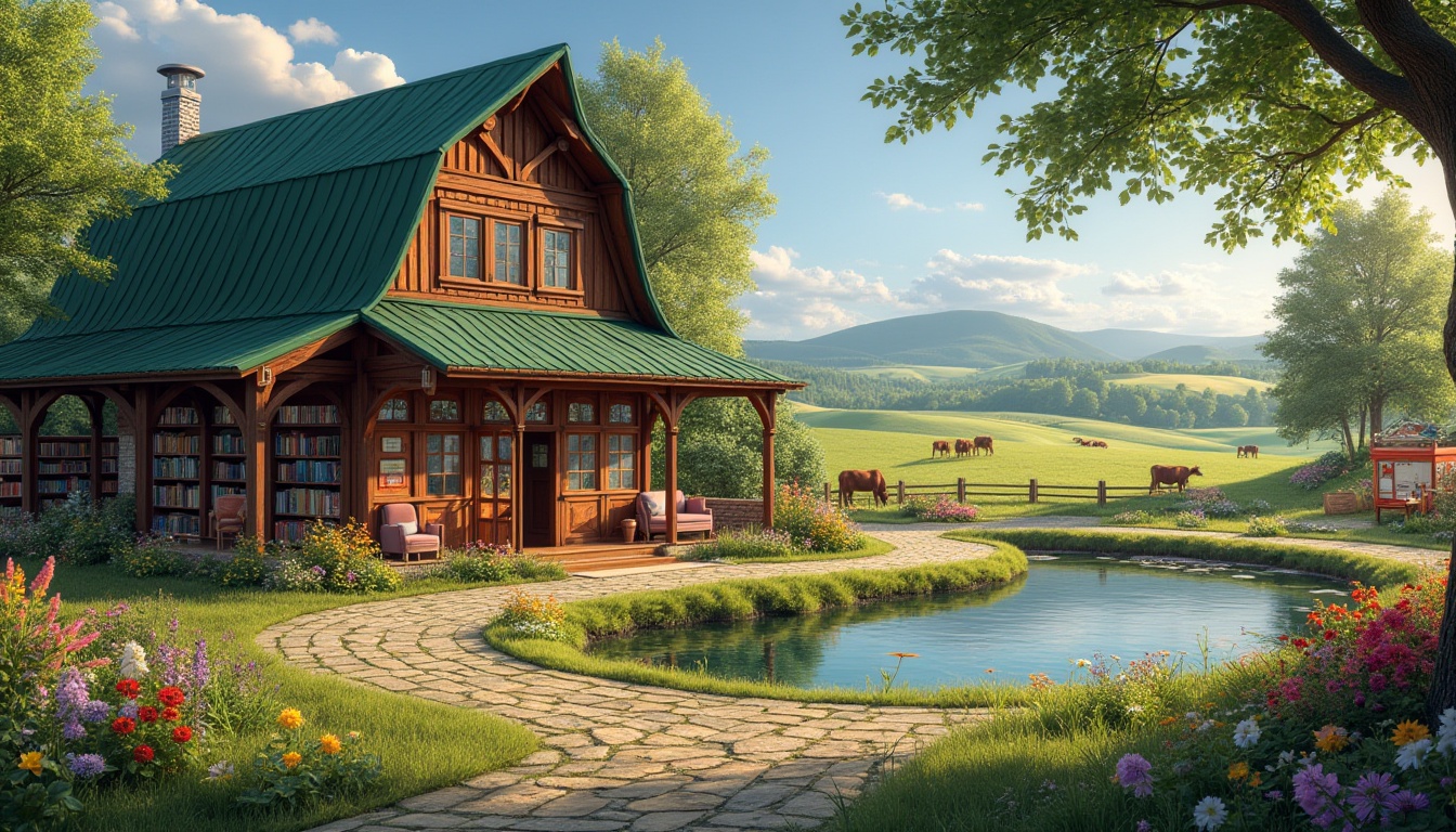 Prompt: Rural library, traditional farm-style building, wooden exterior, green roof, surrounded by lush greenery, wildflowers blooming in vibrant colors, few cows grazing nearby, a small pond reflecting the clear blue sky, peaceful atmosphere, warm sunlight filtering through large windows, cozy reading nooks with plush armchairs, wooden bookshelves filled with agricultural books and local history, community bulletin board, children's play area with educational farm-themed toys, natural stone flooring, earthy color palette, rustic chandeliers, panoramic view of rolling hills.