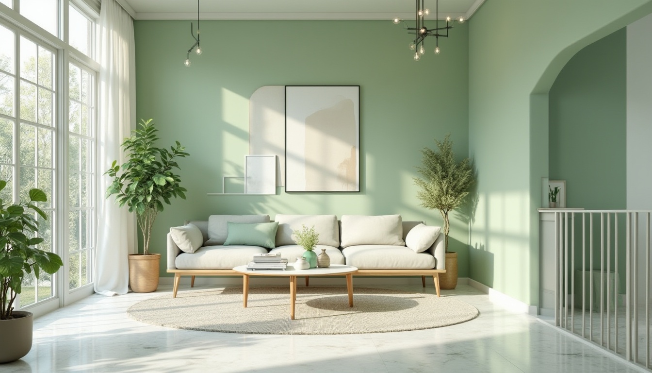 Prompt: Pale green walls, minimalist modern interior, Scandinavian style furniture, marble floor, large windows, natural lighting, potted plants, geometric shapes, abstract art pieces, pastel color palette, soft focus, warm atmosphere, cozy reading nook, comfortable couch, pale green accents, decorative vases, elegant chandelier, luxurious ambiance.