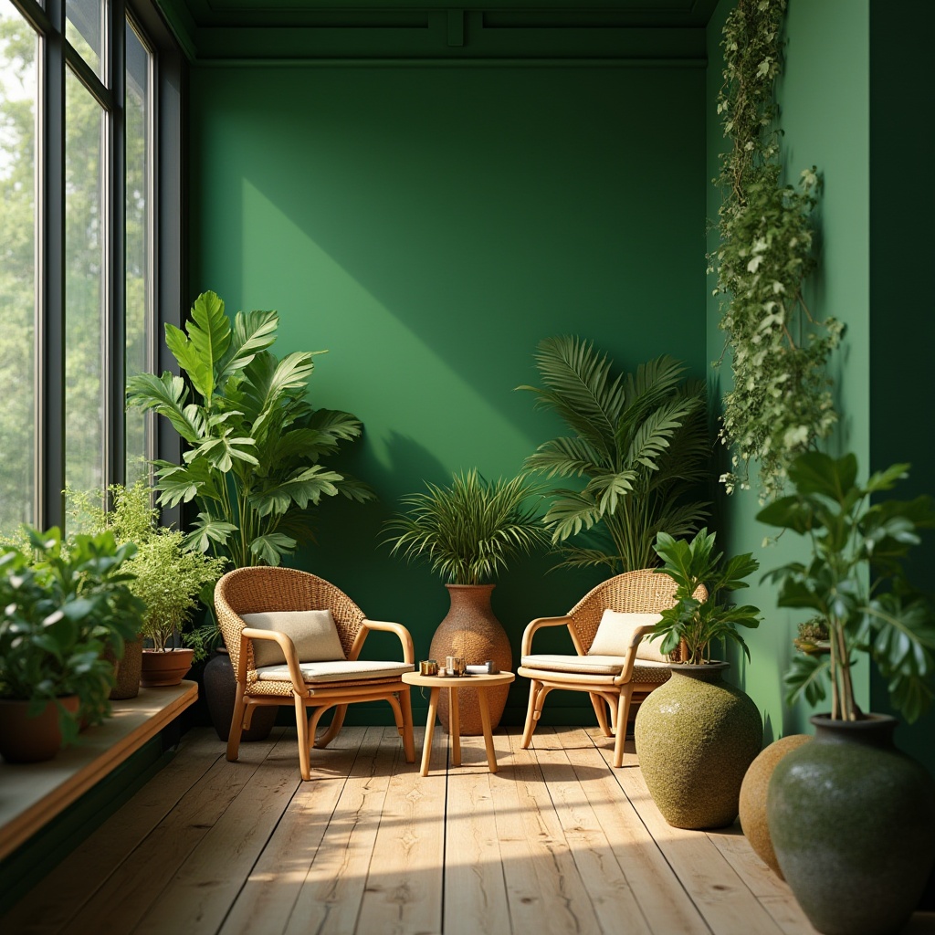 Prompt: Vibrant green walls, lush indoor plants, natural wood furniture, woven rattan chairs, earthy pottery vases, moss-covered stone decor, soft warm lighting, calming atmosphere, serene botanical setting, floor-to-ceiling windows, blurred background, shallow depth of field, minimalist composition, warm color palette, cozy ambiance.