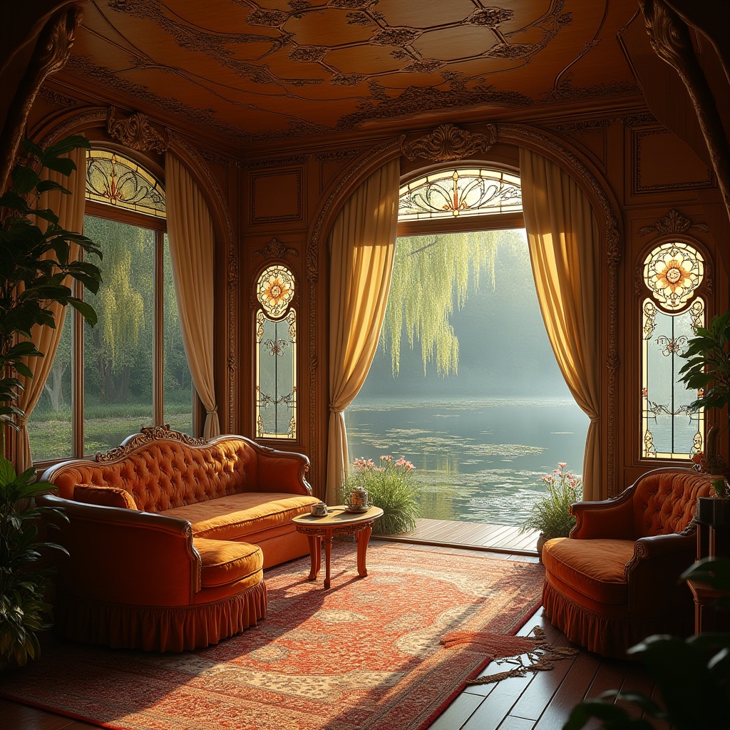 Prompt: Art Nouveau boathouse, luxurious interior, ornate wooden paneling, curved lines, organic shapes, stained glass windows, flowing drapery, velvet sofas, intricately carved furniture, richly patterned rugs, soft warm lighting, morning sunlight streaming through windows, serene lake surroundings, lush greenery, weeping willows, water lilies, subtle ripples on the lake surface, panoramic view, 3/4 composition, cinematic atmosphere, warm color palette, high contrast, detailed textures.