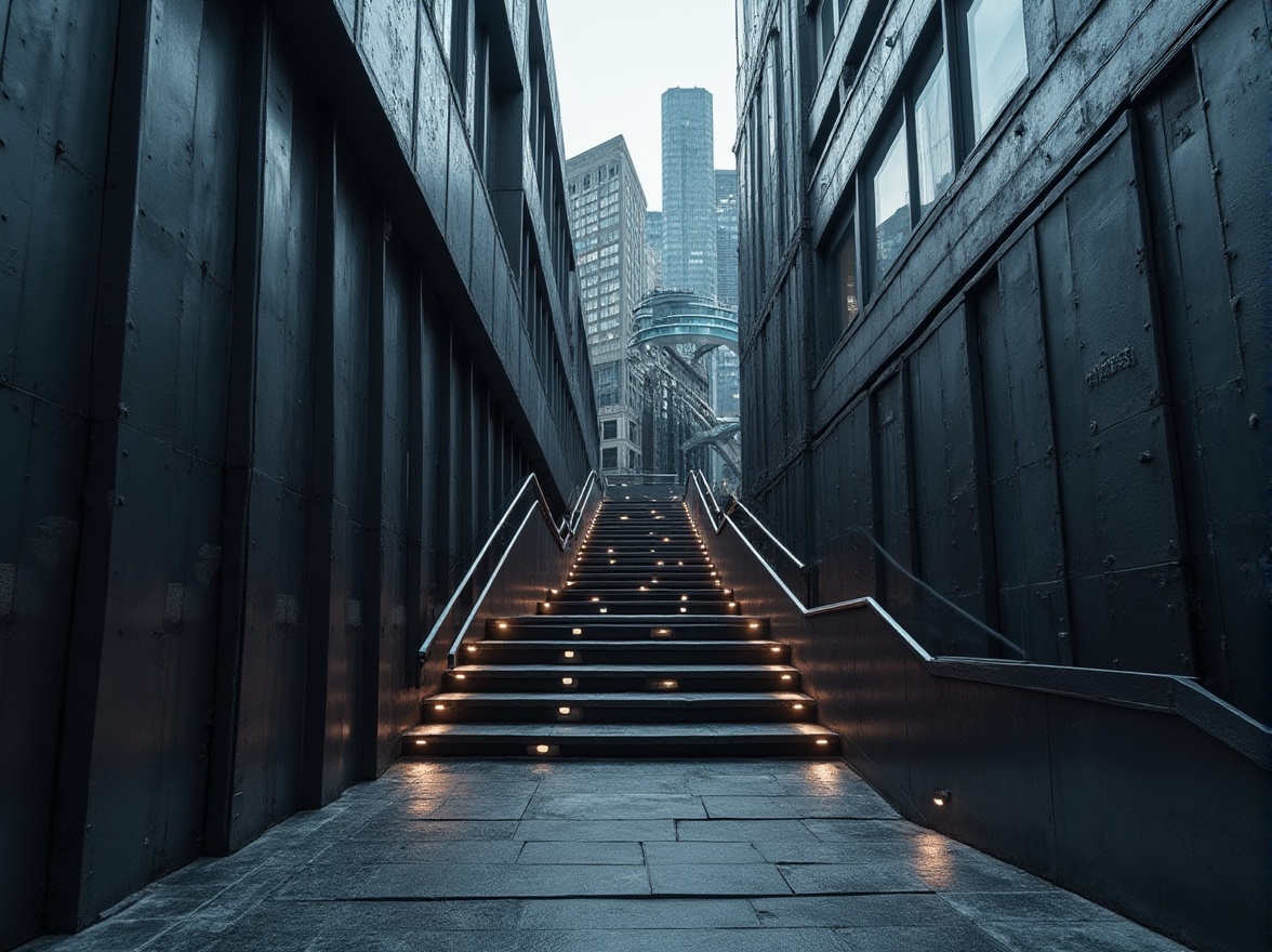 Prompt: Galvanized steel, bar constructivism design, modern architecture, urban landscape, abstract geometry, metallic texture, industrial feel, sharp angles, bold structure, cityscape background, dramatic lighting, low-angle shot, moody atmosphere, dark colors, sleek lines, minimalist composition.