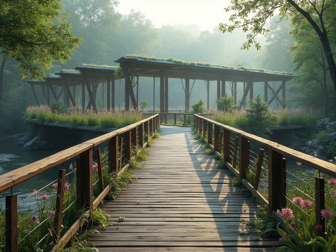 Prompt: Modern pedestrian bridge, sustainable design practices, eco-friendly materials, steel arches, wooden decking, green roofs, wildflowers blooming, gentle river flow, serene forest surroundings, misty morning atmosphere, soft natural light, 3/4 composition, shallow depth of field, vibrant colors, rustic railings, weathered wood textures.