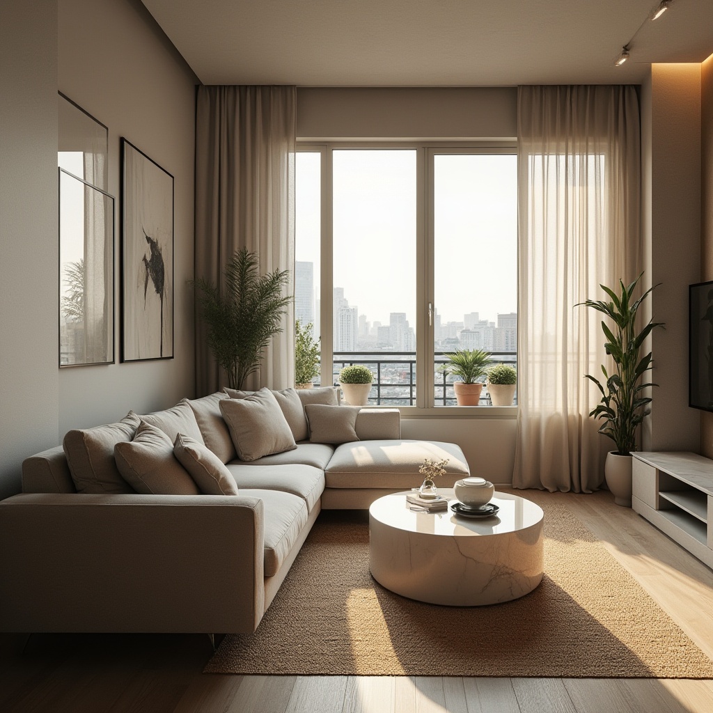 Prompt: Modern apartment, vernacular architecture, living room, velvet sofa, marble coffee table, linen curtains, woven bamboo rug, wooden floor, minimalist decor, natural light pouring through large windows, urban cityscape view, concrete balcony railing, potted plants, morning sunlight, warm ambient lighting, 3/4 composition, soft focus, realistic texture.