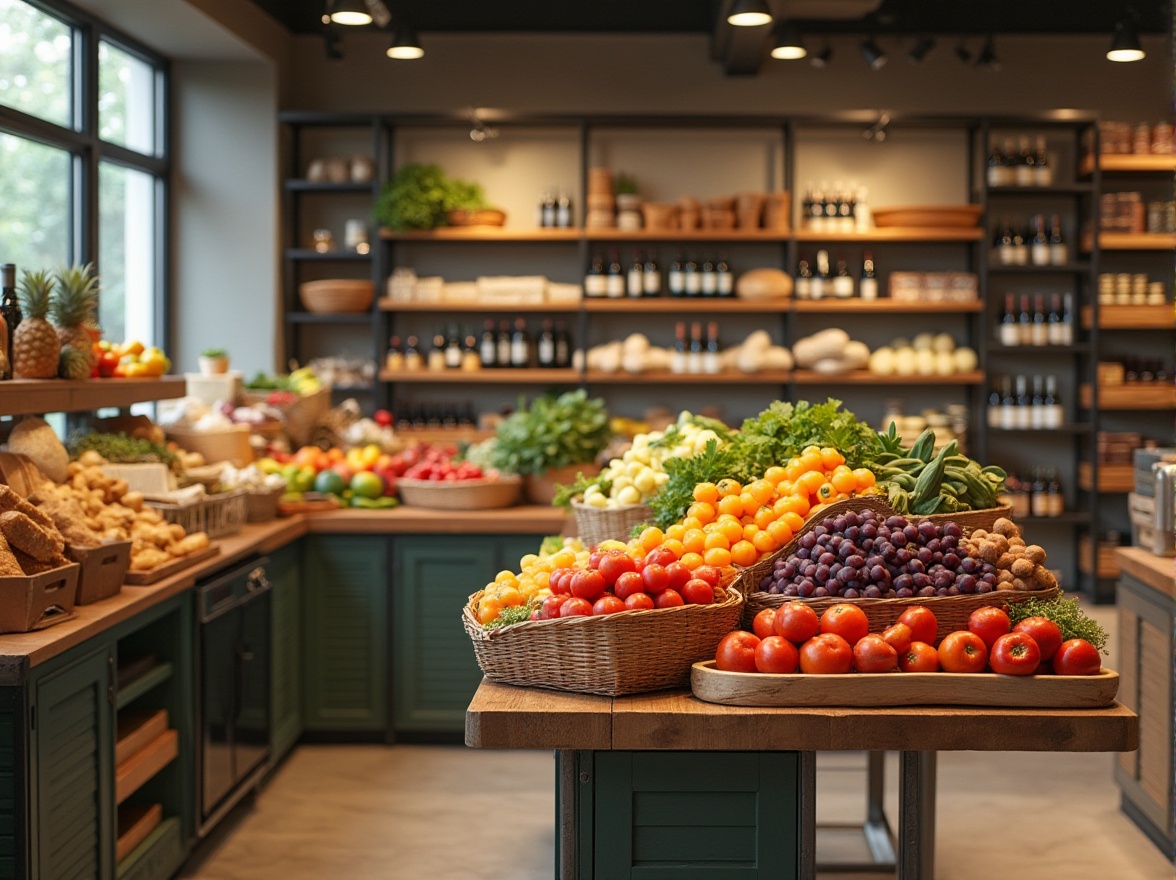 Prompt: Functional island, modern grocery store, clean and minimalistic shelves, baskets of fresh fruits, vegetables, artisanal bread, gourmet cheese, wine section, wooden crates, steel racks, warm lighting, 3/4 composition, shallow depth of field, focus on products, subtle shadows, vibrant colors, realistic textures, morning light, soft focus, gentle bokeh.