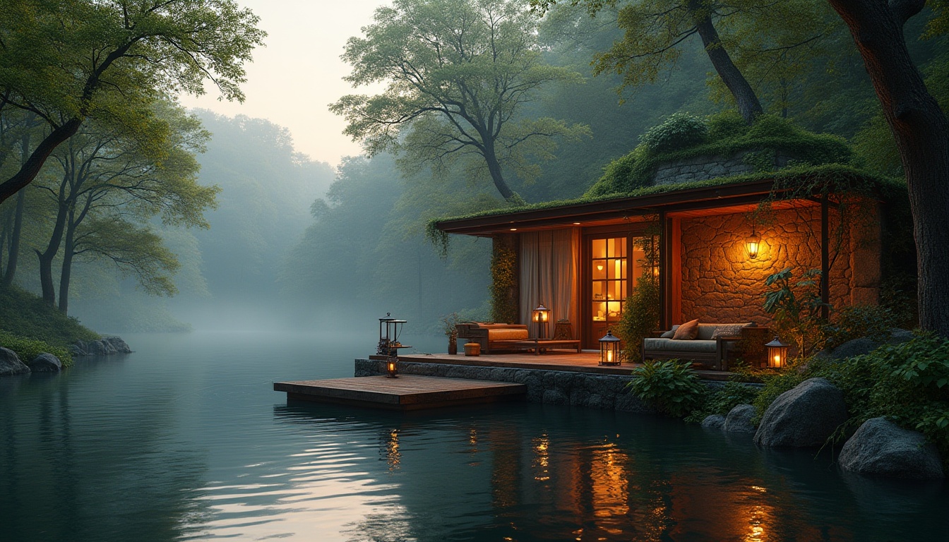 Prompt: Luxury boathouse, harmonious integration with nature, surrounded by dense forest, tall trees, overhanging branches, serene lake, calm water reflection, wooden dock, vintage lanterns, soft warm lighting, rustic stone walls, lush greenery, vines crawling up pillars, natural materials, earthy tones, cozy interior, plush furnishings, large windows, panoramic view, peaceful atmosphere, misty morning, golden hour, cinematic composition, shallow depth of field.