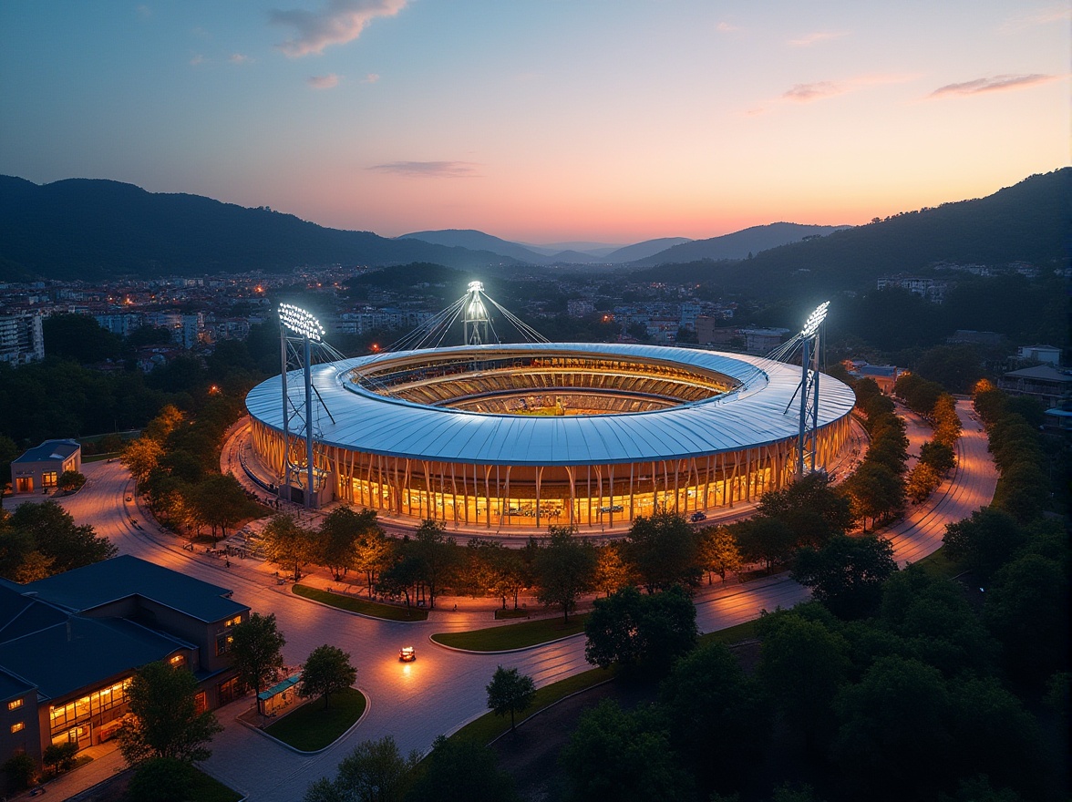 Prompt: Suburban context, modern stadium design, evening scene, sunset glow, warm lighting, soft shadows, lush greenery surroundings, rolling hills, distant residential buildings, vibrant streetlights, pedestrian pathways, outdoor seating areas, sleek architecture, curved lines, glass facades, steel structures, dynamic angles, low-angle shot, cinematic composition, atmospheric perspective.