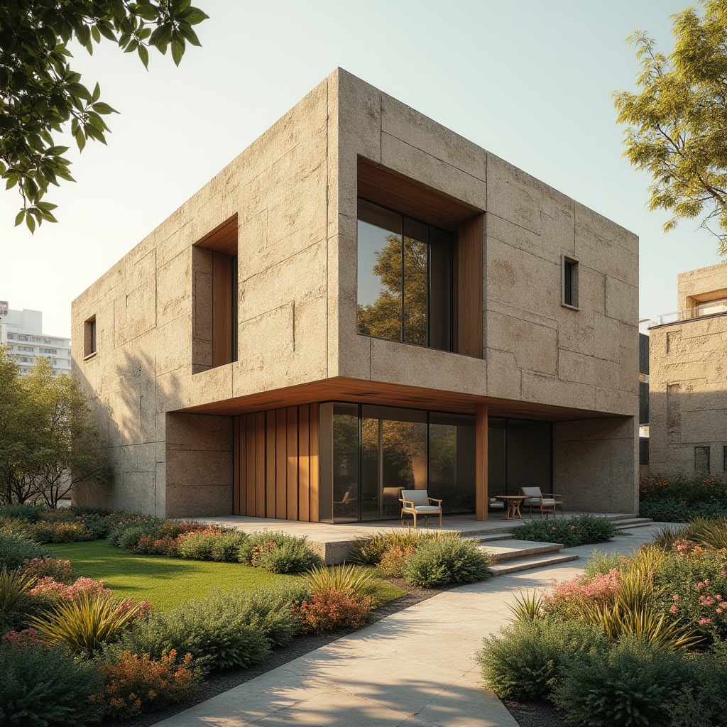 Prompt: Brown stone building, modern architecture, urban setting, cityscape, warm beige tone, earthy atmosphere, natural texture, rough stone walls, large windows, minimalist design, brutalist style, concrete columns, wooden accents, lush greenery surroundings, vibrant flowers, pedestrian path, afternoon sunlight, soft shadows, 3/4 composition, cinematic lighting.