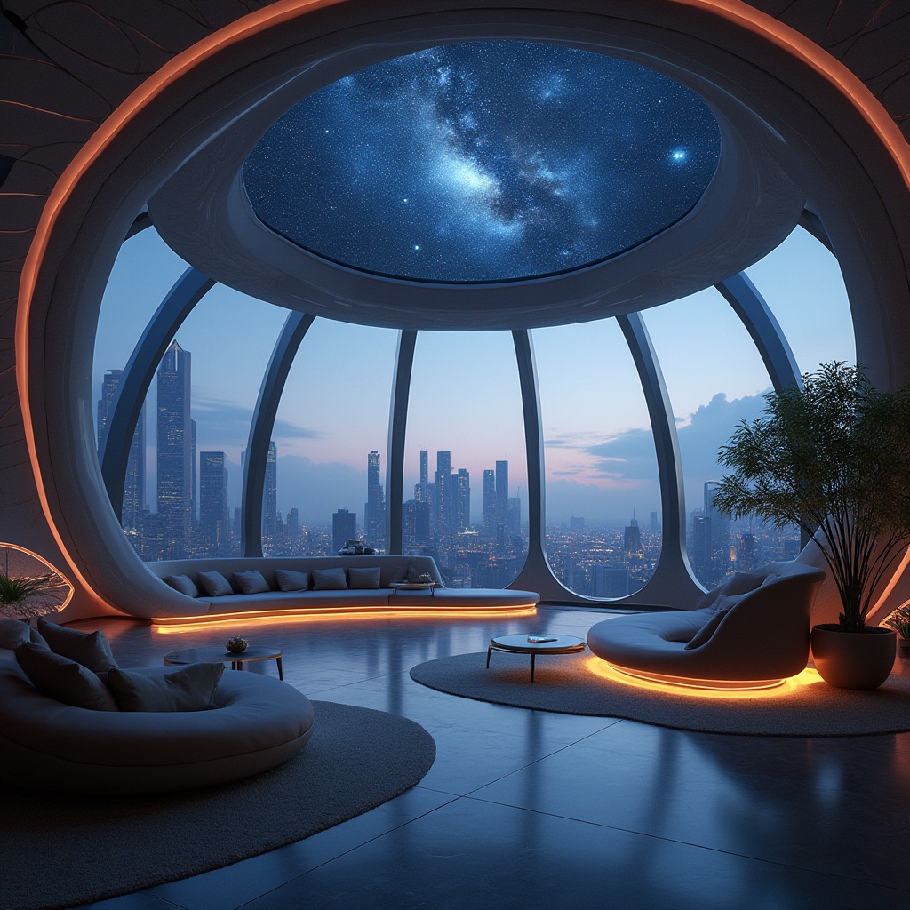 Prompt: Futuristic planetarium, fusion architecture, inviting space, dome-shaped ceiling, starry night sky projection, ambient soft lighting, comfortable seating areas, sleek metallic pillars, glass floors, minimalist decor, subtle neon accents, calm atmosphere, panoramic view, 3/4 composition, shallow depth of field, futuristic cityscape, metropolitan skyscrapers, lush greenery, misty fog effect.