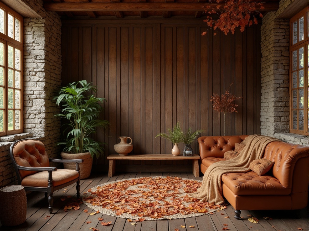 Prompt: Brown color, earthy tone, natural material, wooden texture, rough stone wall, vintage furniture, leather sofa, warm lighting, cozy atmosphere, indoor space, living room, coffee shop, autumn leaves, forest floor, rusty metal door, distressed wood, natural fabric, woven basket, ceramic vase, 3/4 composition, soft focus, warm color palette.