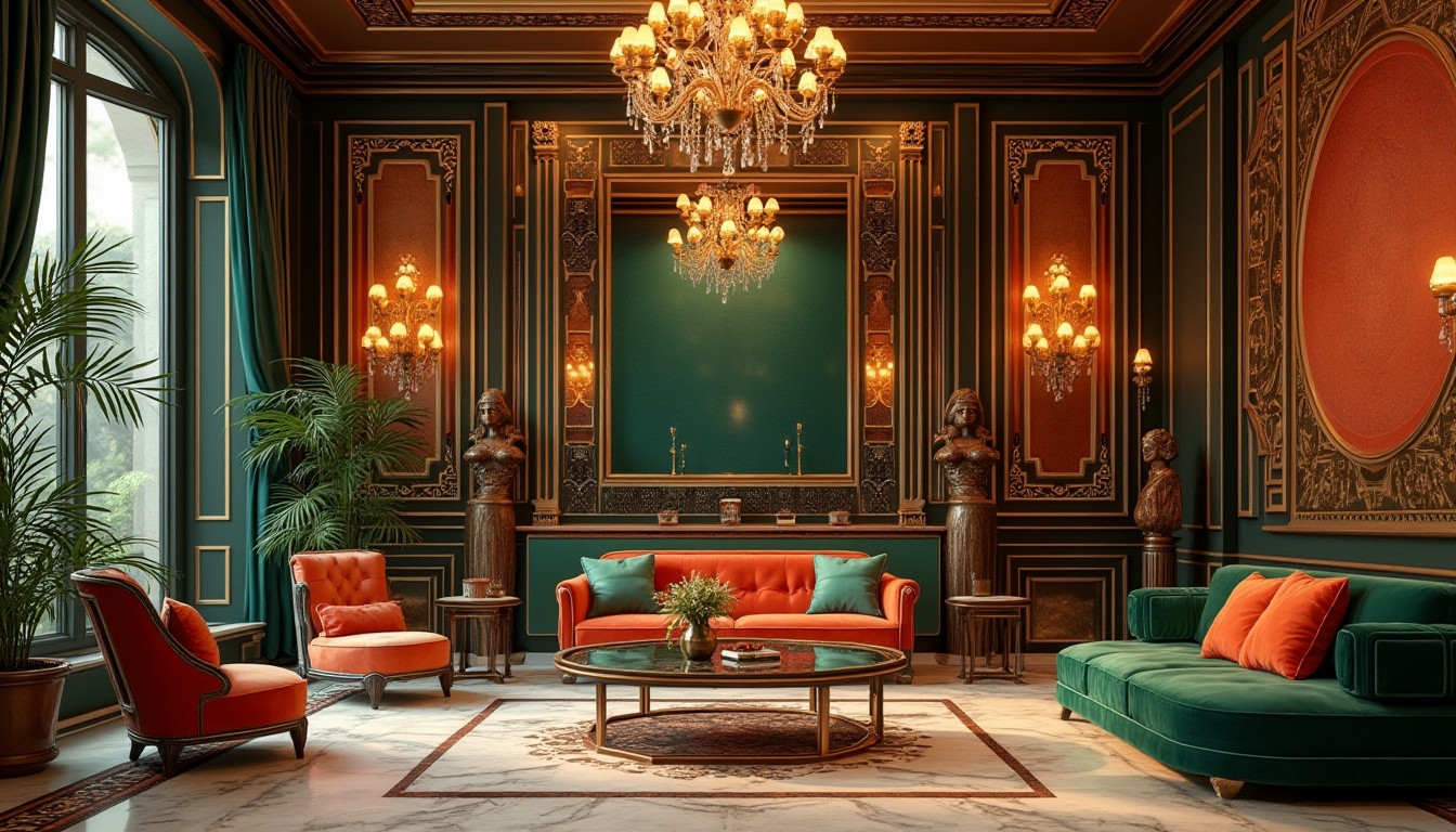 Prompt: Art Deco style, luxurious, geometric patterns, metallic accents, bold colors, glamorous, opulent, ornate details, 1920s inspired, vintage glamour, rich textures, velvet fabrics, marble floors, intricate mirrors, lavish chandeliers, grandiose architecture, bold typography, bright jewel tones, emerald green, sapphire blue, ruby red, gold leafing, copper accents, bronze statues, luxurious furnishings, ornate moldings, lavish drapery, sunset hues, warm golden lighting, cinematic composition.