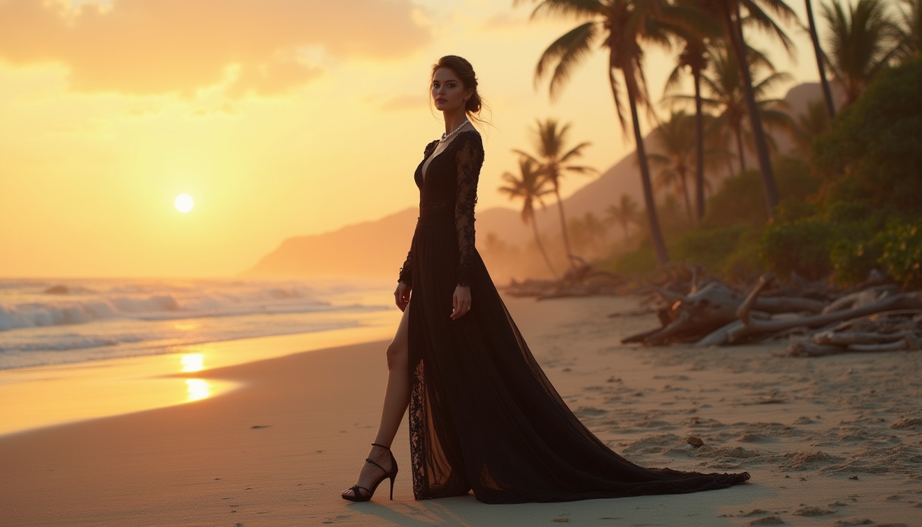 Prompt: Beach Renaissance style, mature lady, 30yo, elegant pose, standing, black formal gown, low-cut neckline, long sleeves, lace details, flowing train, high heels, pearl necklace, stylish updo, subtle makeup, dramatic eyeliner, bold eyebrows, soft focus, golden hour lighting, warm sunset glow, beachside setting, palm trees swaying gently, driftwood scattered on sandy beach, calm waves crashing in background, panoramic view, cinematic composition, shallow depth of field, high contrast, vibrant colors.