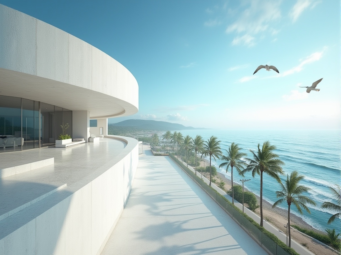 Prompt: Coastal scenery, modern architecture, white building, curved lines, plasticrete material, smooth texture, reflective surface, ocean view, waves crashing, seagulls flying, beachside road, palm trees swaying, sunny day, clear blue sky, soft natural lighting, warm atmosphere, 3/4 composition, high-angle shot, dramatic shadows.