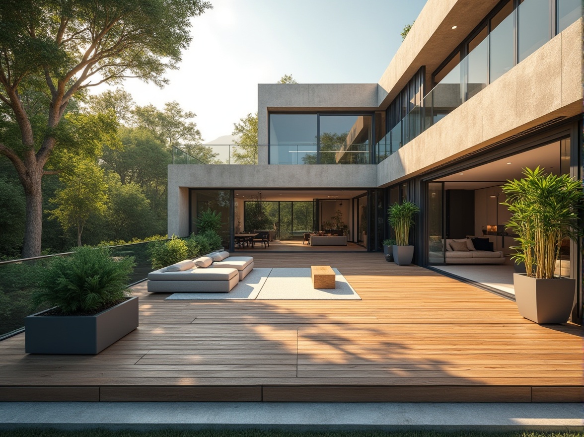 Prompt: Modern outdoor living space, minimalist design, sleek lines, wooden deck, low-maintenance plants, geometric-shaped planters, metal railings, floor-to-ceiling windows, sliding glass doors, panoramic view, backyard, suburban villa, sunny afternoon, warm soft lighting, 3/4 composition, shallow depth of field, natural materials, textures, and patterns.