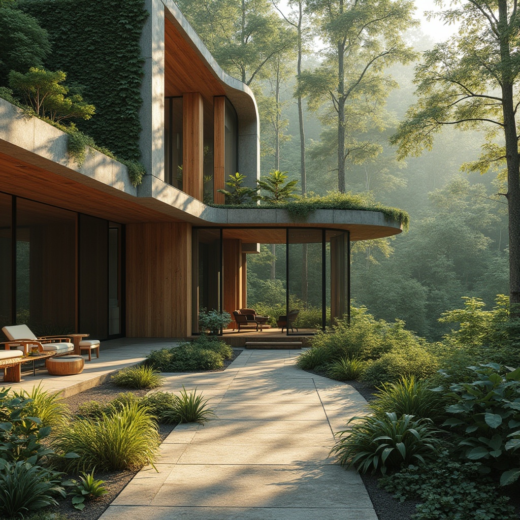 Prompt: Integrating Nature with Bauhaus Design, modern villa, forest surroundings, large windows, minimal ornamentation, clean lines, rectangular shapes, greenery walls, wooden accents, natural materials, plants integration, organic forms, curved lines, brutalist architecture, nature-inspired patterns, earthy tones, rustic textures, abstract art pieces, Scandinavian furniture, natural light pouring in, morning sunbeams, misty atmosphere, atmospheric perspective, cinematic composition, soft focus.