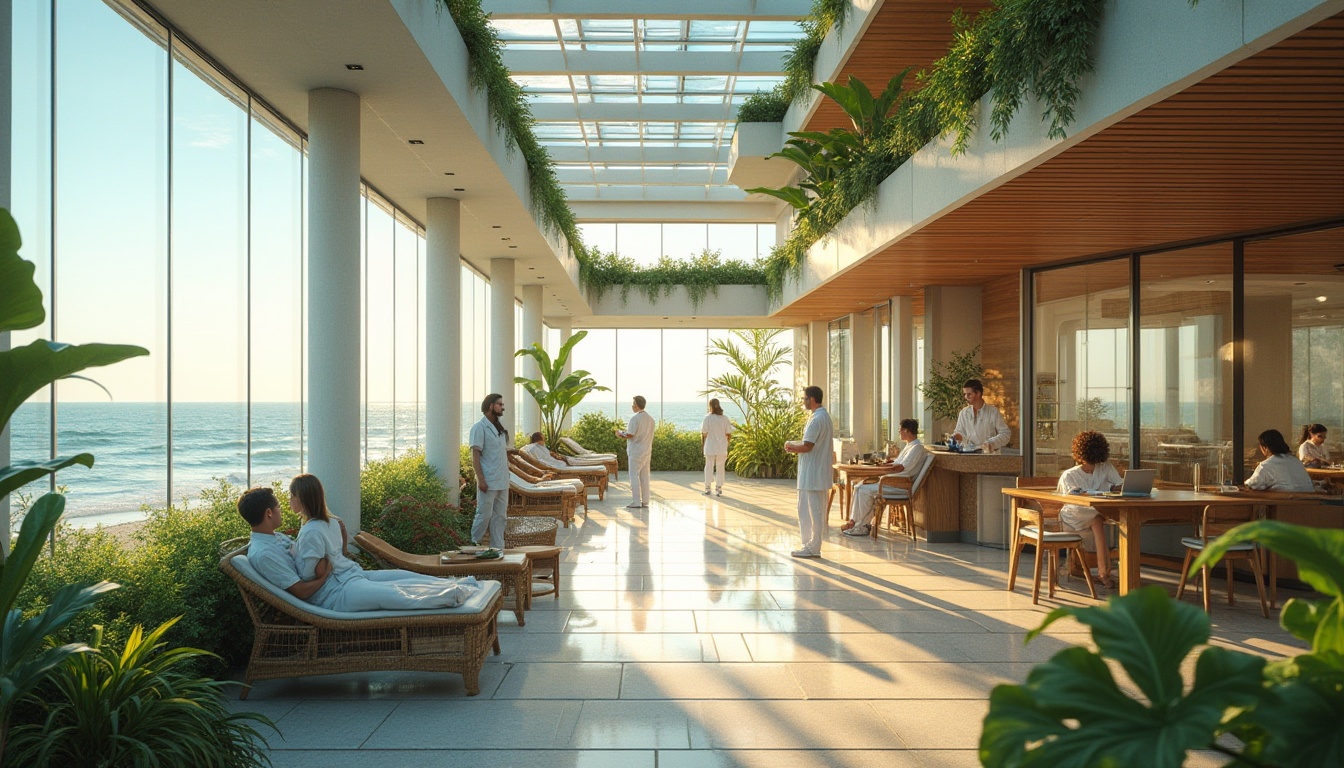 Prompt: Coastal hospital, modern architecture, large windows, ocean view, green roof, solar panels, recycled materials, wooden accents, calm atmosphere, natural lighting, open spaces, minimal waste, eco-friendly furniture, plants throughout, healthcare professionals in scrubs, patients relaxing, serene ambiance, gentle ocean breeze, sound of waves, warm sunlight, morning light, coastal vegetation, driftwood, beach-inspired decor, sustainable design elements, nature-inspired color palette.