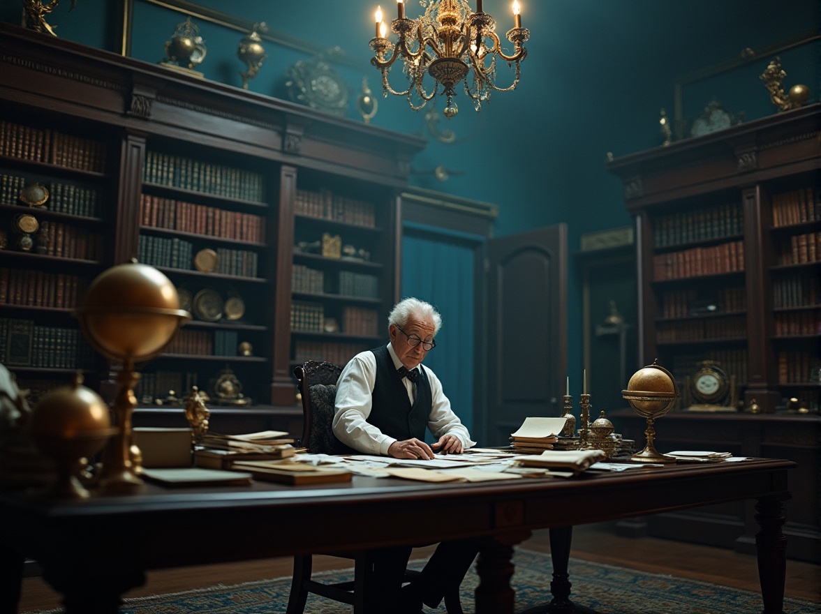 Prompt: Dark academic interior, luxurious study room, Prussian blue walls, rich wooden bookshelves, ornate golden frames, vintage globes, leather-bound tomes, intricate clockwork mechanisms, soft warm lighting, atmospheric mist, solitary figure, male professor, 40s, bespectacled, white shirt, dark waistcoat, holding a pocket watch, sitting at a cluttered desk, surrounded by papers and quills, Baroque architecture, high ceilings, grand chandelier, subtle dust particles floating in the air, realistic textures, cinematic composition, mysterious ambiance.