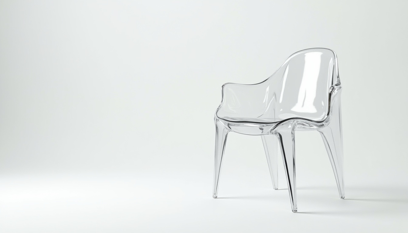 Prompt: Modern interior design, minimalist style, plastic material, transparent acrylic chair, glossy surface, metal legs, abstract sculpture, white background, softbox lighting, 3/4 composition, shallow depth of field, futuristic ambiance, sleek lines, geometric shapes, luxurious feel, reflective surfaces.