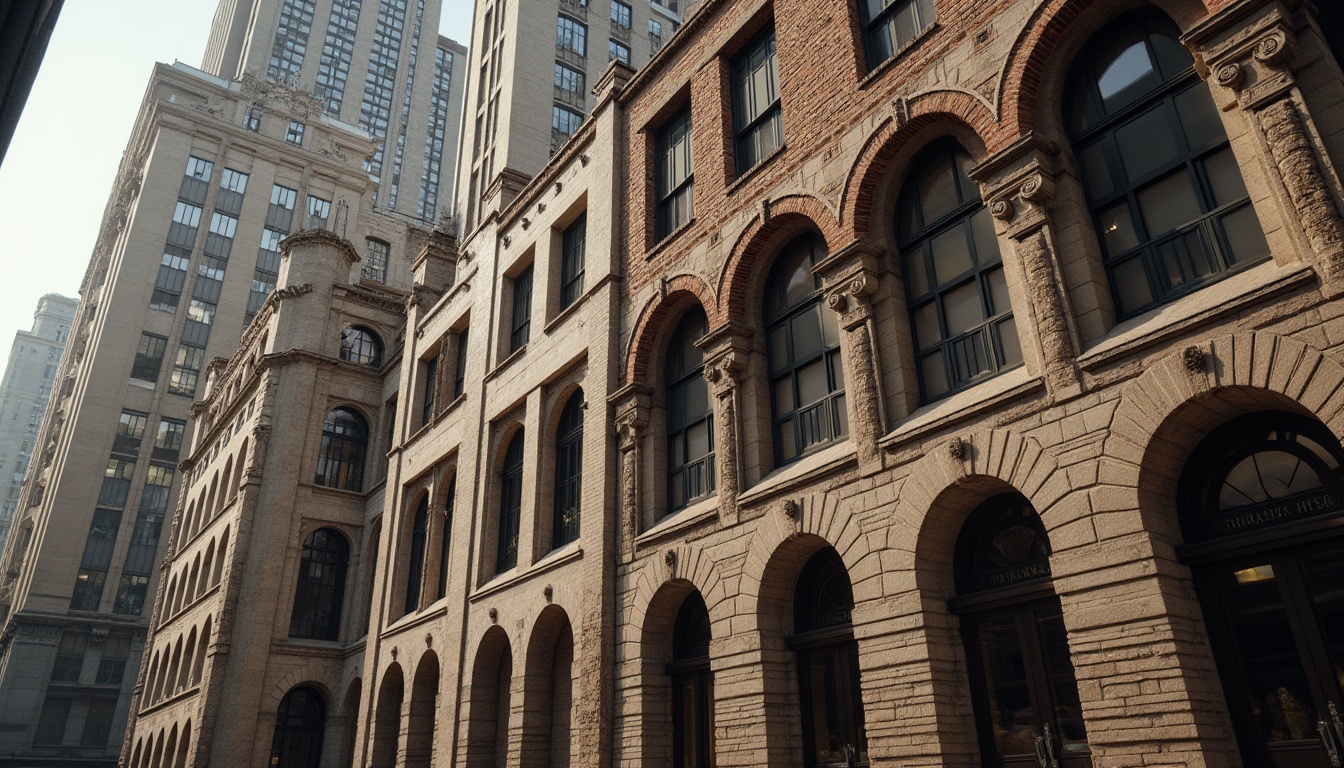 Prompt: Masonry materials, architectural design, building facade, urban skyscraper, modern cityscape, concrete walls, stone columns, brick arches, ornate details, metallic frames, glass windows, steel beams, rustic texture, industrial structure, afternoon sunlight, dramatic shadows, 3/4 composition, high-contrast lighting, cinematic atmosphere.