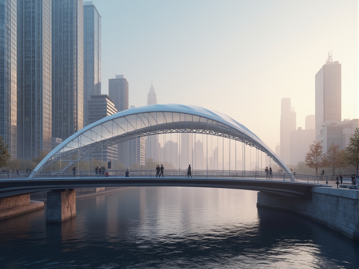 Prompt: Modern pedestrian bridge, innovative fabrics material, curved lines, steel framework, translucent canopy, soft diffused light, misty atmosphere, urban landscape, cityscape, skyscrapers background, riverbank, waterfront, evening time, warm color tone, ambient occlusion, realistic reflection, shallow depth of field.