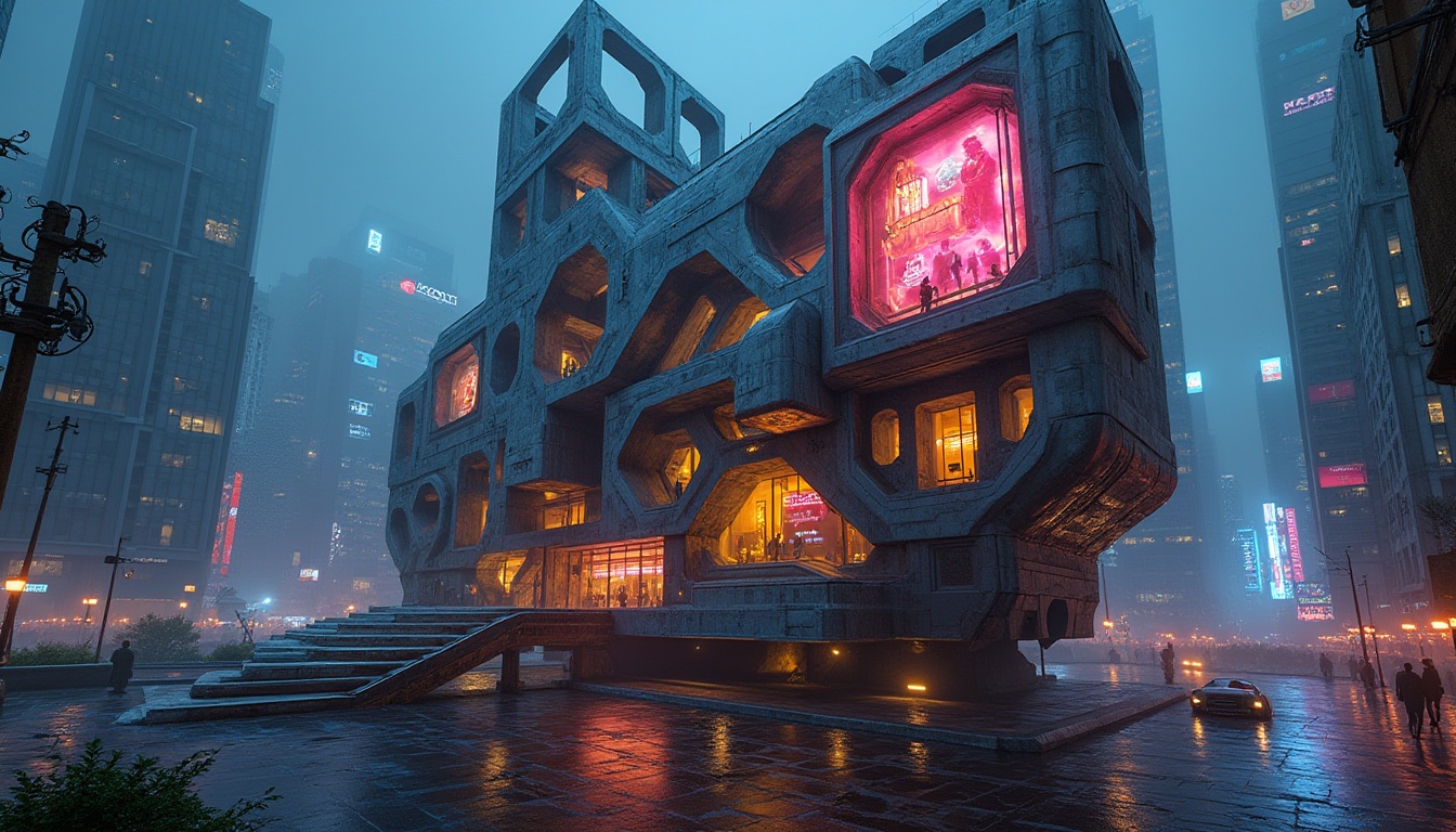 Prompt: Deconstructivist architecture, futuristic monument, complex geometric structure, irregular shapes, bold vibrant colors, reflective metal surfaces, intricate patterns, abstract sculptures, urban cityscape, night scene, neon lights, misty atmosphere, dynamic angles, low-angle shot, dramatic lighting, cinematic composition, HDR.