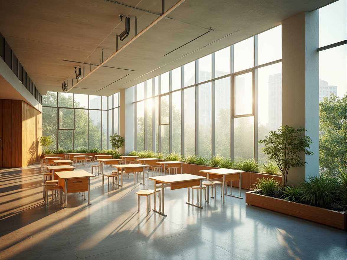 Prompt: Sustainable school design, modern architecture, eco-friendly building materials, fiberglass, green roof, natural light, open classrooms, collaborative learning spaces, minimalist interior, wooden accents, concrete floors, floor-to-ceiling windows, panoramic views, urban background, cityscape, morning sunlight, soft shadows, 3/4 composition, warm ambient lighting.