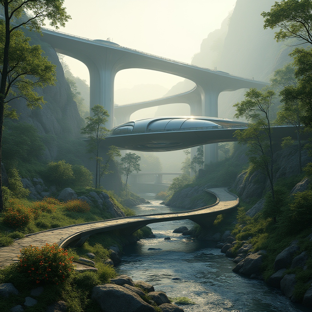 Prompt: Valley location, innovative design, futuristic architecture, sleek lines, metallic materials, glass façade, curved structure, hovering impression, misty atmosphere, lush greenery, towering trees, winding river, stone pathways, rustic bridges, vibrant wildflowers, warm sunlight, soft focus, shallow depth of field, cinematic composition, dramatic lighting, 3/4 view angle.