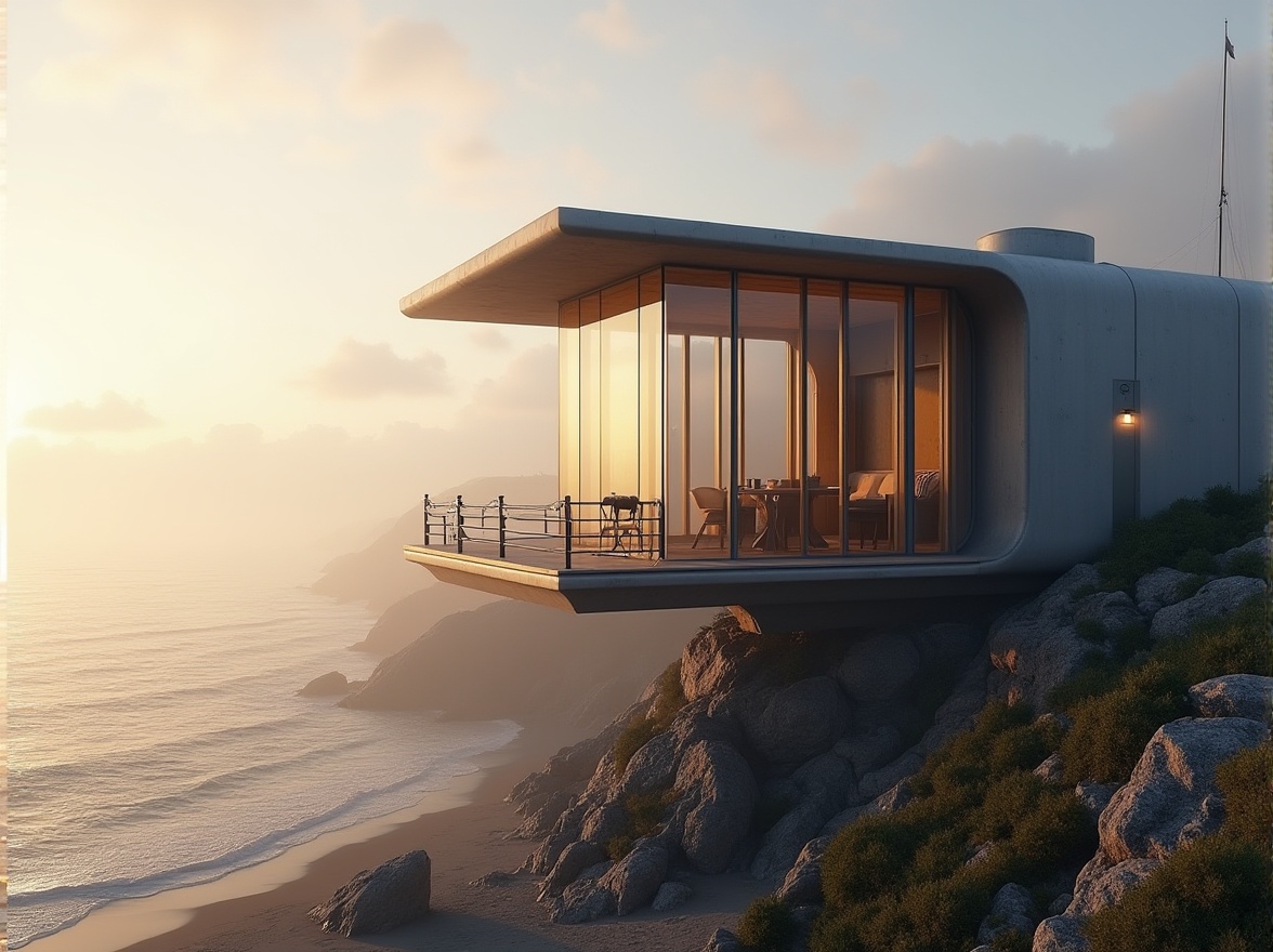 Prompt: Coastal watching tower, modern architecture, sleek lines, minimalist design, large windows, panoramic view, ocean scenery, sandy beach, rocky coastline, lighthouse-inspired shape, metallic materials, glass walls, cantilevered decks, wooden accents, nautical ropes, binoculars, scenic lookout points, dramatic lighting, atmospheric fog, misty morning, warm golden sunlight, 3/4 composition.