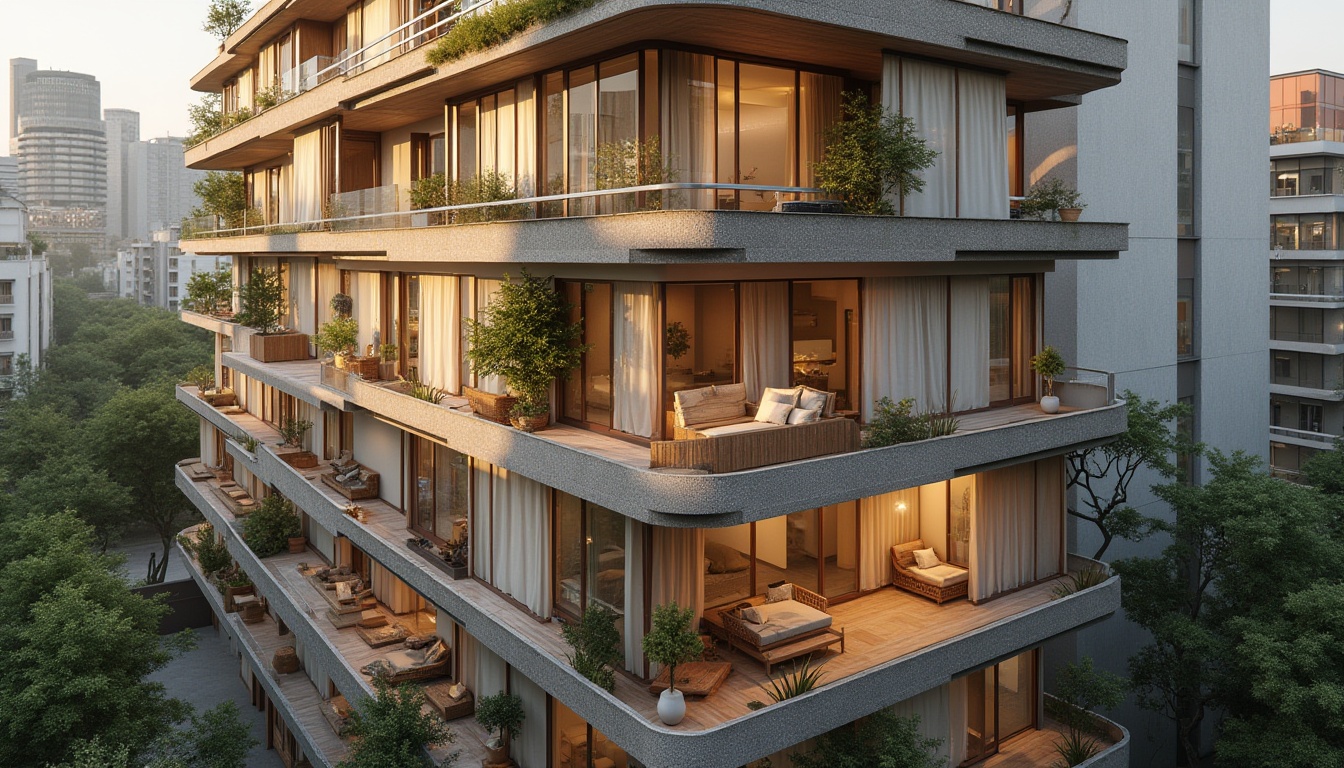 Prompt: Modern apartment building, incorporating fabrics, vernacular architecture, urban setting, cityscape, bustling streets, concrete jungle, balconies with flowing white curtains, wooden accents, natural textiles, woven baskets, earthy tone, soft lighting, cozy atmosphere, 3/4 composition, warm color palette, shallow depth of field.