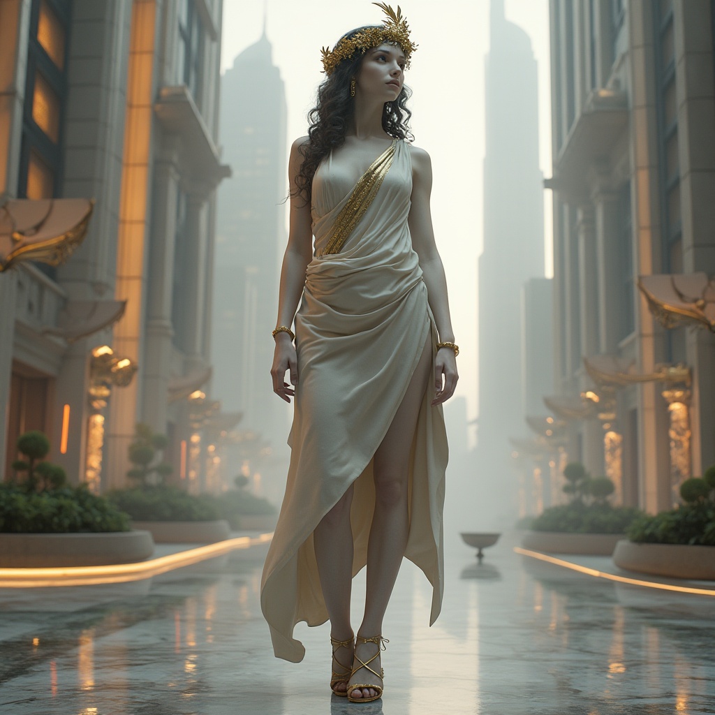 Prompt: Ancient Greek-inspired female statue, standing in a futuristic cityscape, marble-like skin tone, curly hair adorned with golden laurel wreath, elegant white toga with modern metallic accents, high heels with intricate lacing, surrounded by sleek skyscrapers, neon lights reflecting off polished marble floors, subtle mist effect, cinematic composition, 3/4 view angle, warm softbox lighting, depth of field.