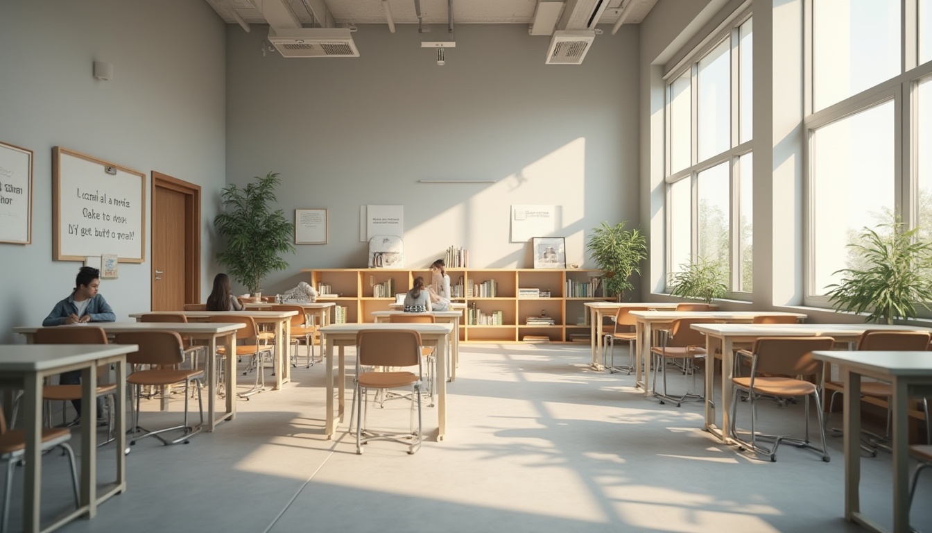 Prompt: Modern school interior, light gray walls, calming atmosphere, natural light pouring through large windows, minimalist wooden desks, ergonomic chairs, subtle texture on floor tiles, soft shadows, gentle curves, open shelves with books and decorations, inspirational quotes on walls, few students engaged in group study, 3/4 composition, warm lighting, slight blur effect, realistic rendering, peaceful ambiance.